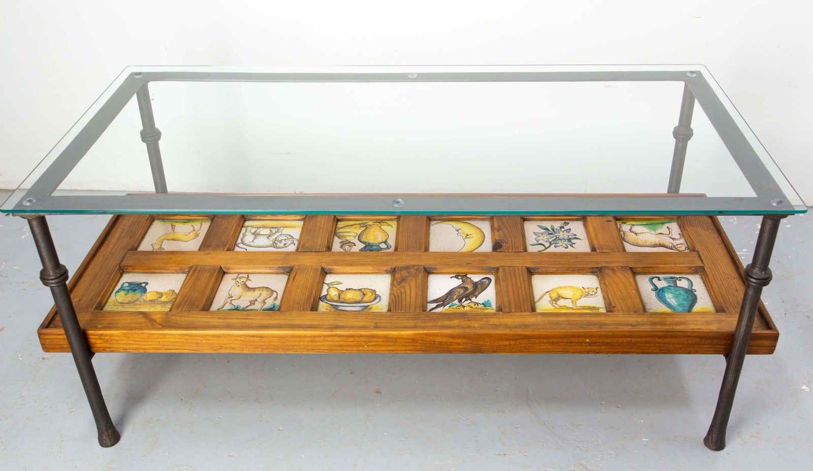 Spanish Wrought Iron Glass & Pine Coffee Table With 19thc Faience Circa 1960 photo furniture