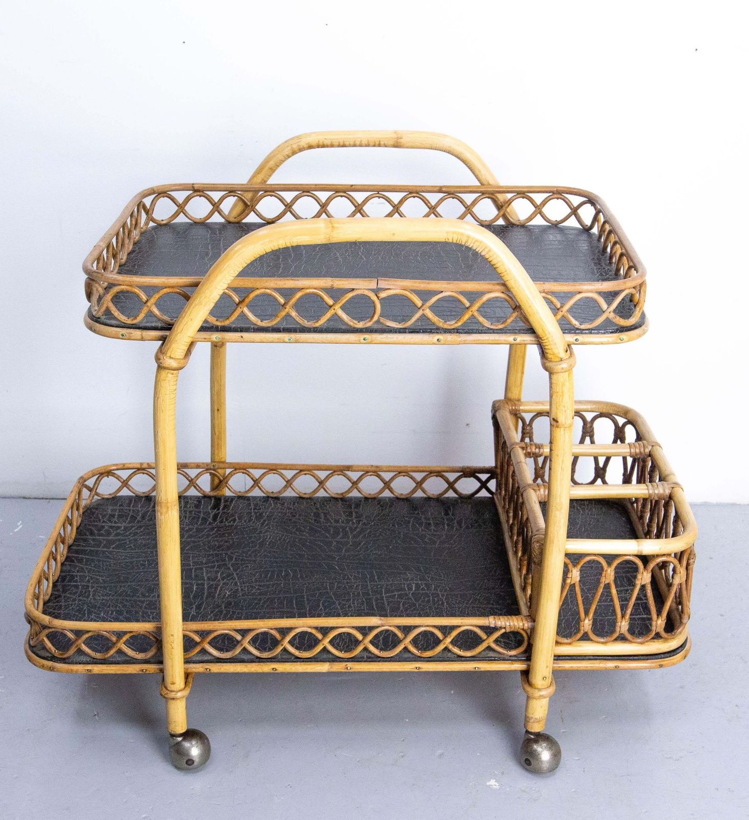 Midcentury Rattan And Skai Trolley Bar Cart, Circa 1950 photo for sale