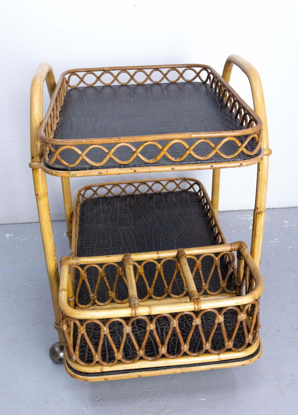 Midcentury Rattan And Skai Trolley Bar Cart, Circa 1950 photo buy