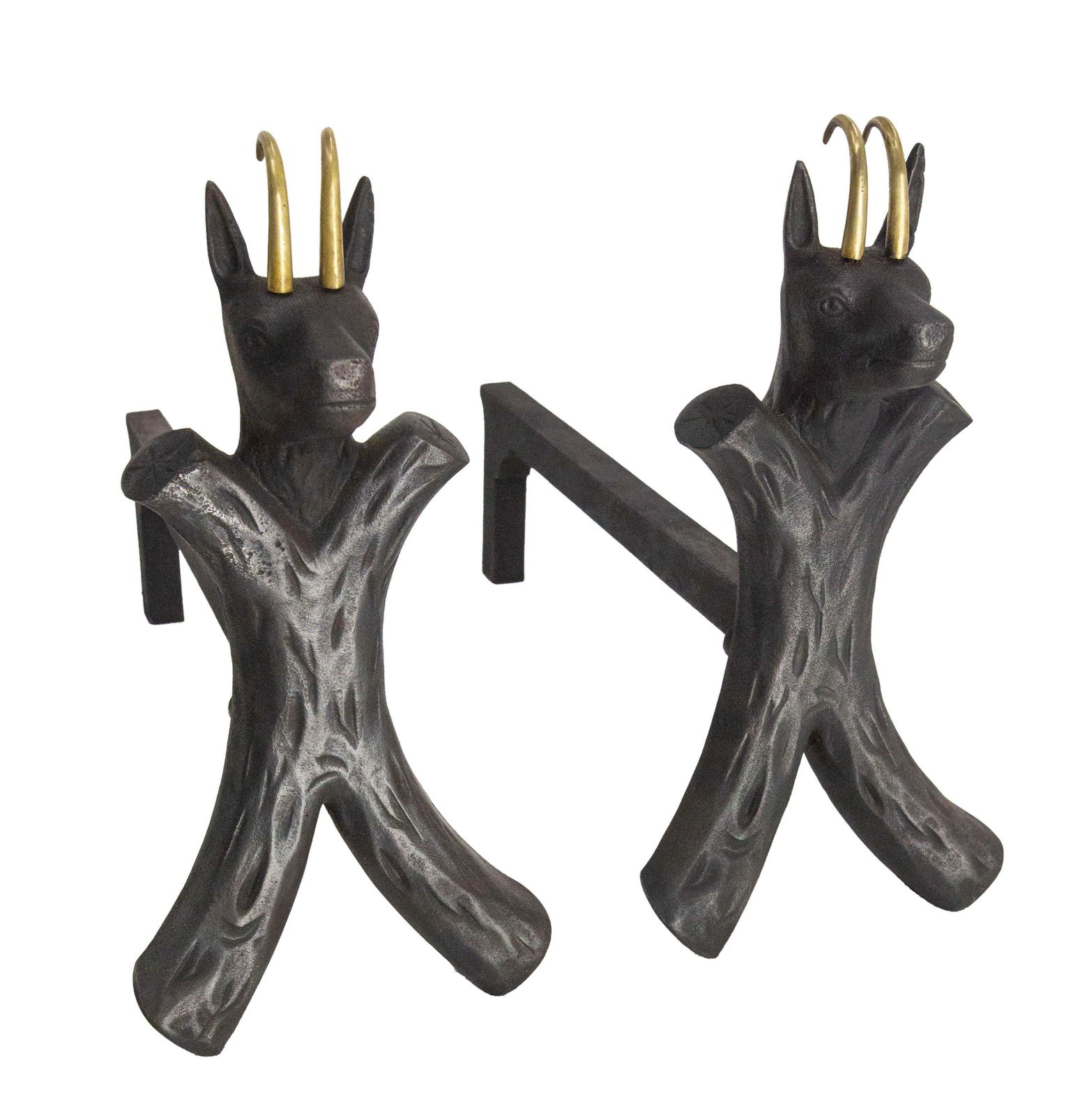 Pair Fireplace Andirons Wrought Iron Firedogs Ibex Inspiration, France, C 1950 photo furniture