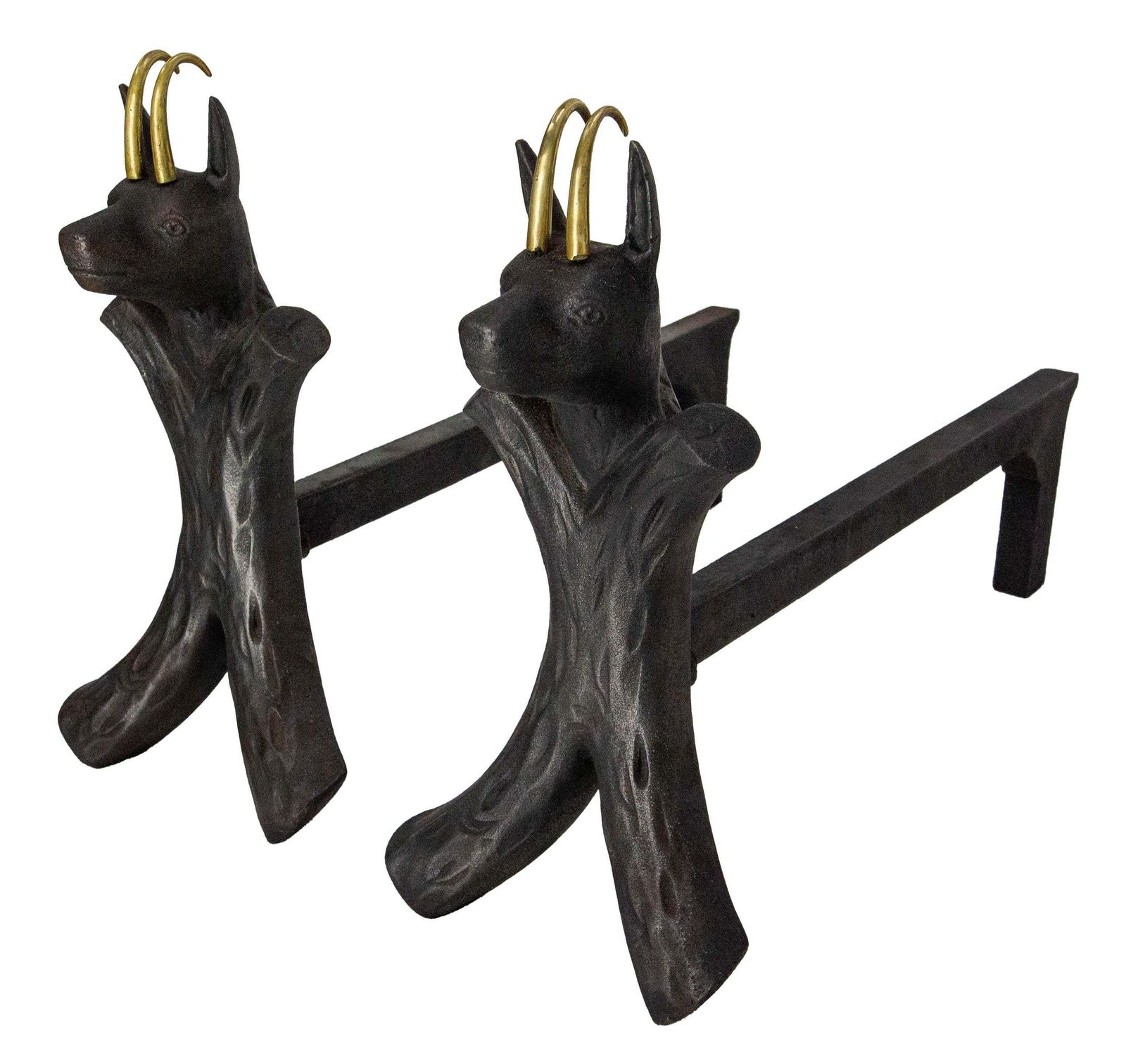 Pair Fireplace Andirons Wrought Iron Firedogs Ibex Inspiration, France, C 1950 photo Home Fixtures