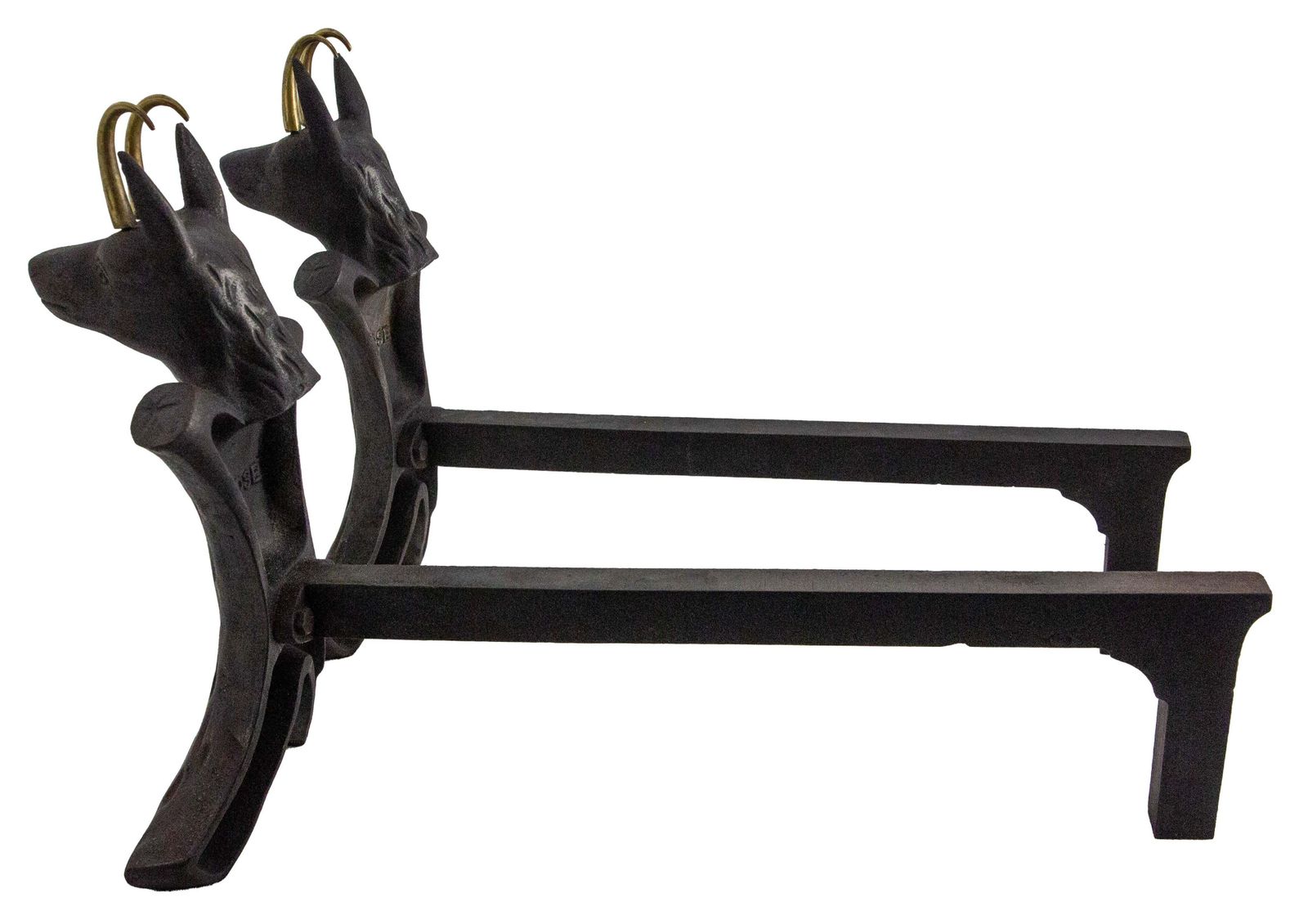 Pair Fireplace Andirons Wrought Iron Firedogs Ibex Inspiration, France, C 1950 photo vinterior