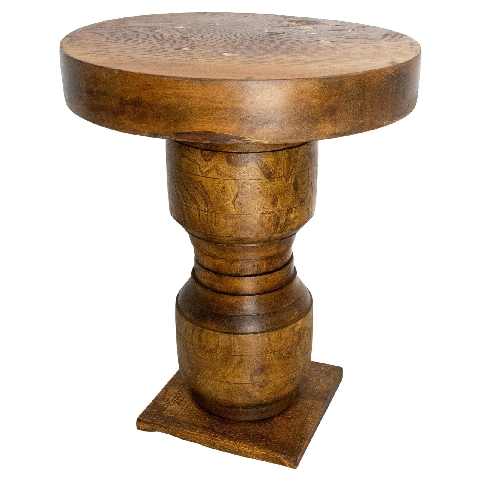 French Brutalist Side Table Elm Wood Hubs Pedestal, Circa 1940