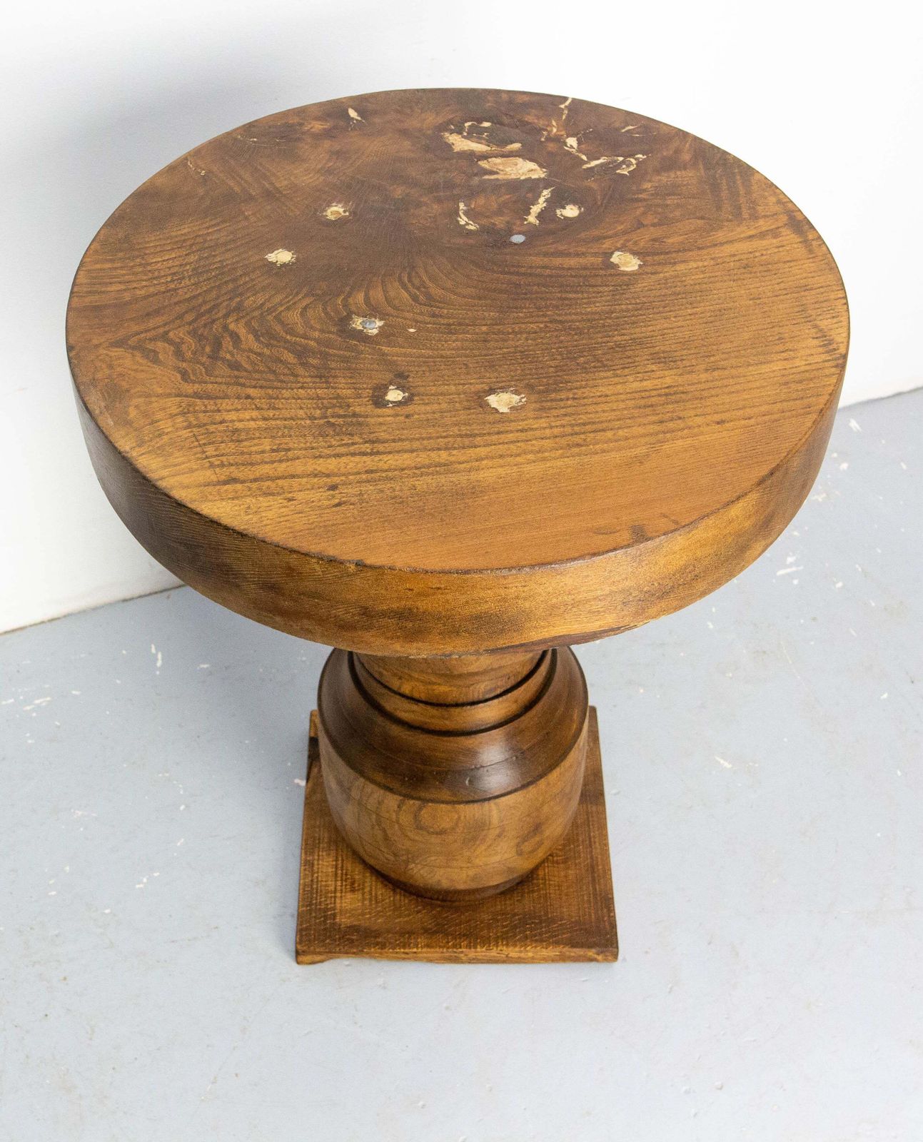 French Brutalist Side Table Elm Wood Hubs Pedestal, Circa 1940 photo Furniture