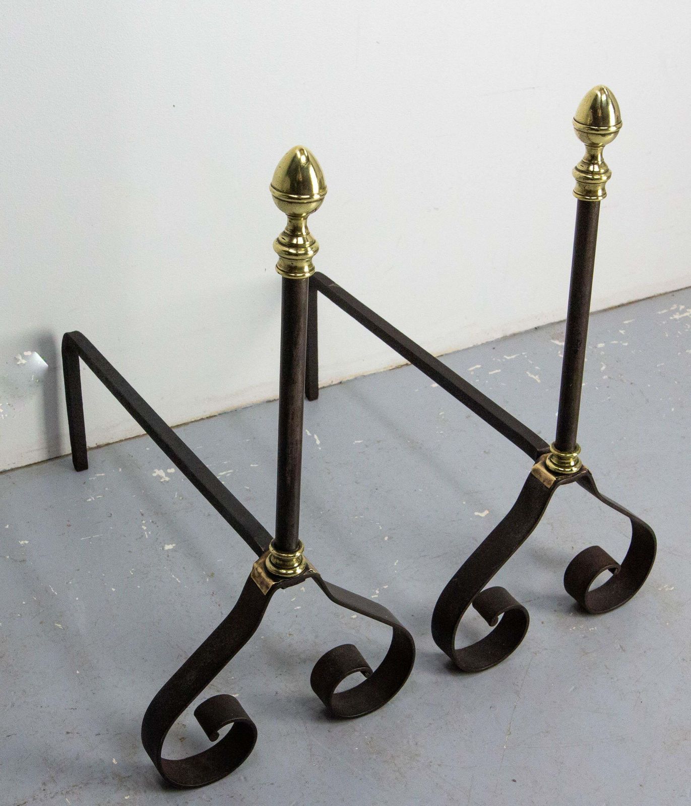 Pair Fireplace Andirons Wrought Iron & Brass Firedogs, France, C 1960 photo furniture
