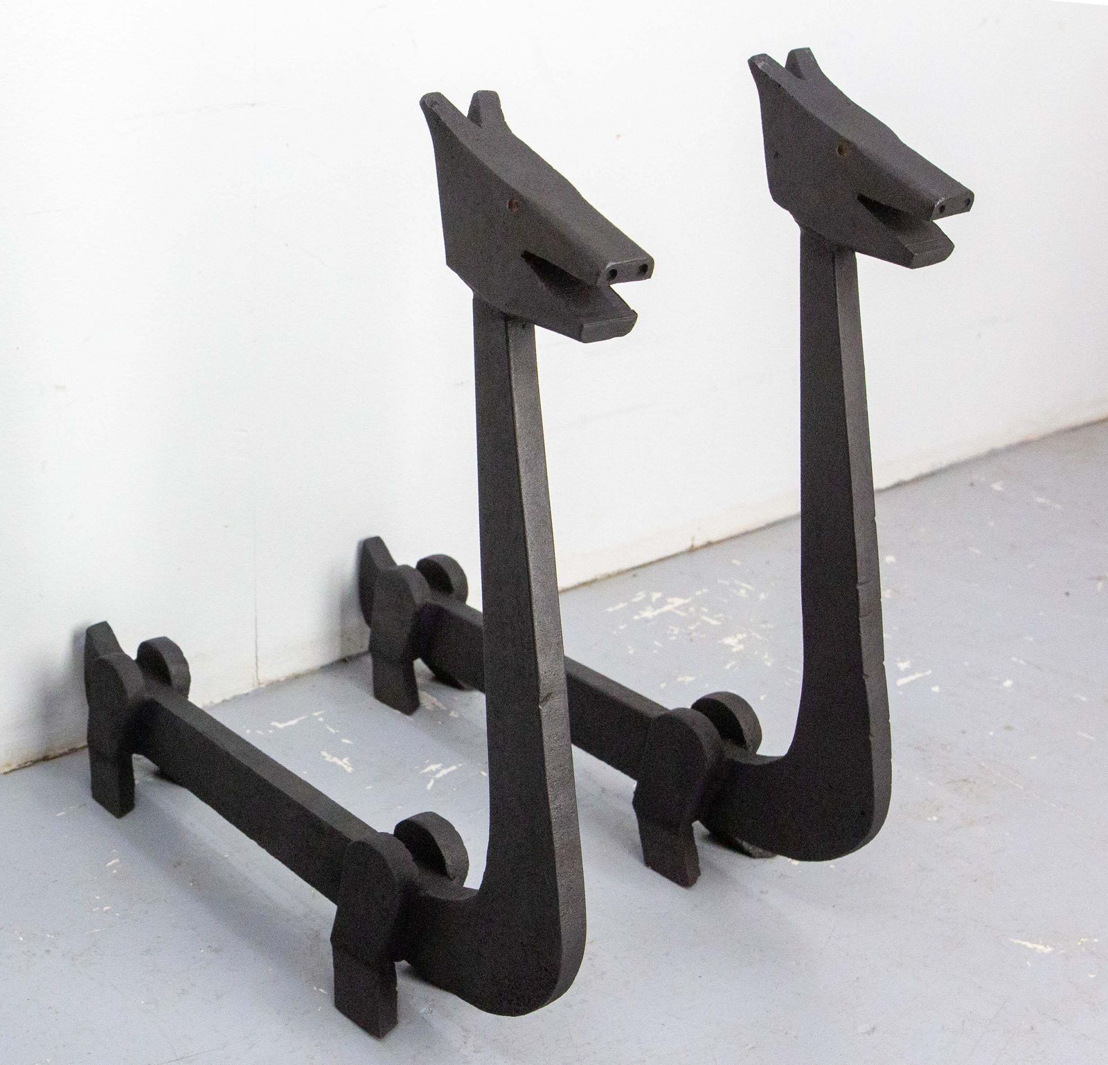 Pair Fireplace Andirons Wrought Iron Firedogs Mythical Creatures, France, C 1960 photo Home Fixtures