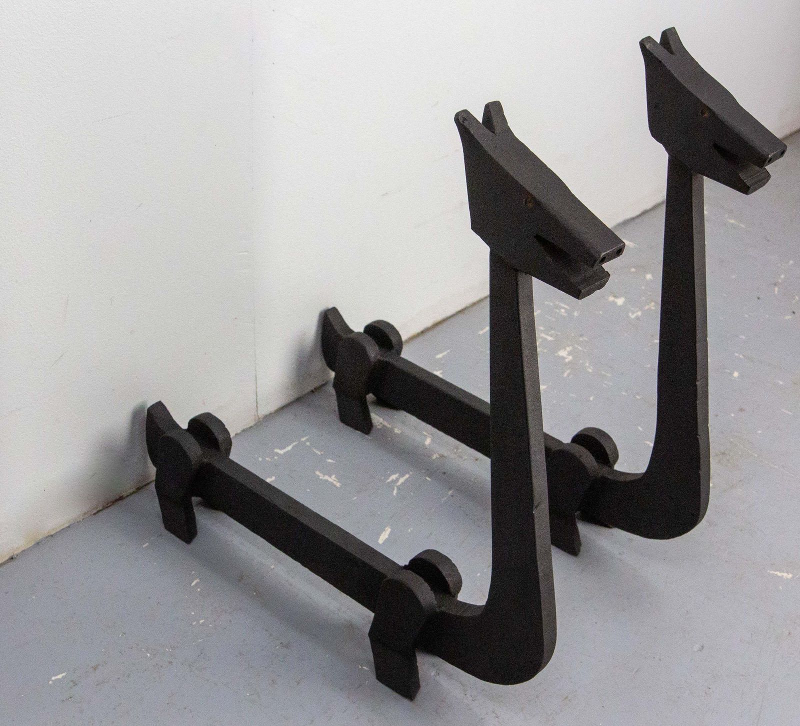 Pair Fireplace Andirons Wrought Iron Firedogs Mythical Creatures, France, C 1960 photo 1343.0