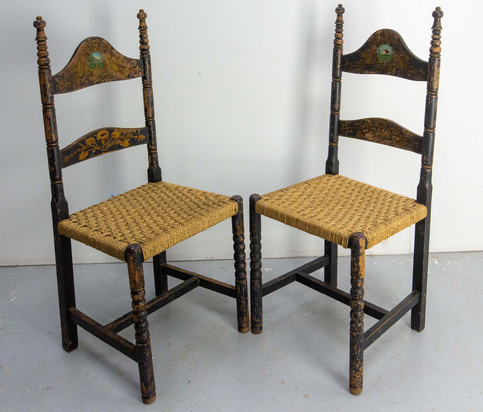 Two French Hand Painted Side Chairs Rush Seats Country Style, 19th Century photo for sale