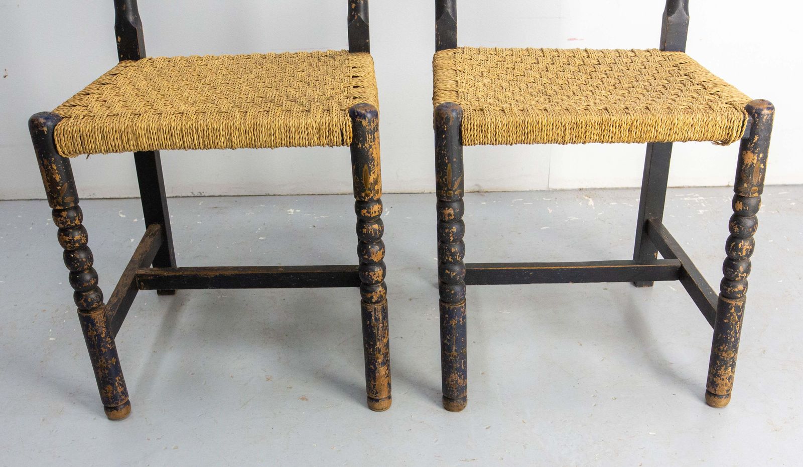 photo buy Two French Hand Painted Side Chairs Rush Seats Country Style, 19th Century