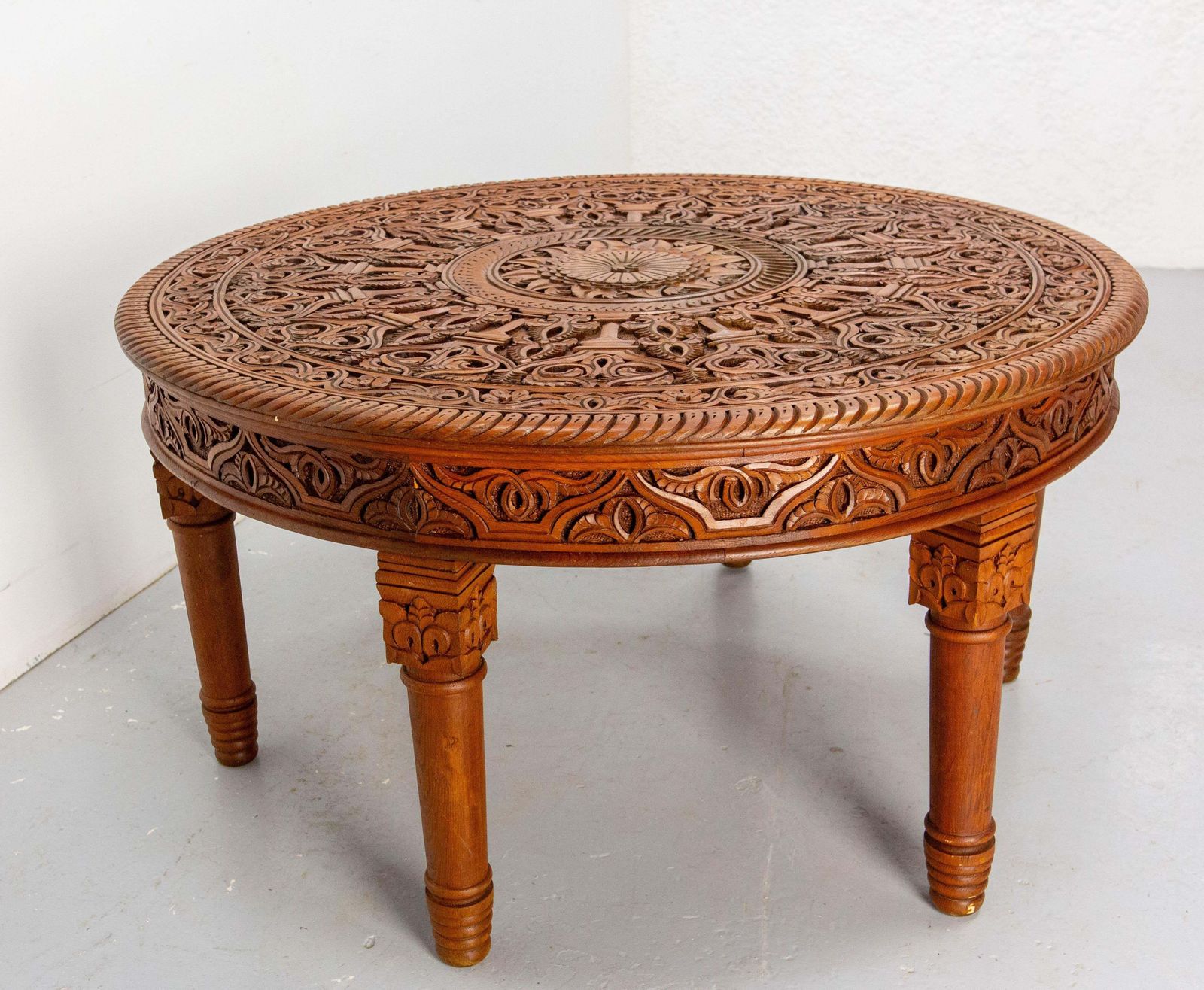 Moroccan Central Or Coffee Atlas Cedar Table Hand Carved 20th Mid Century photo for sale