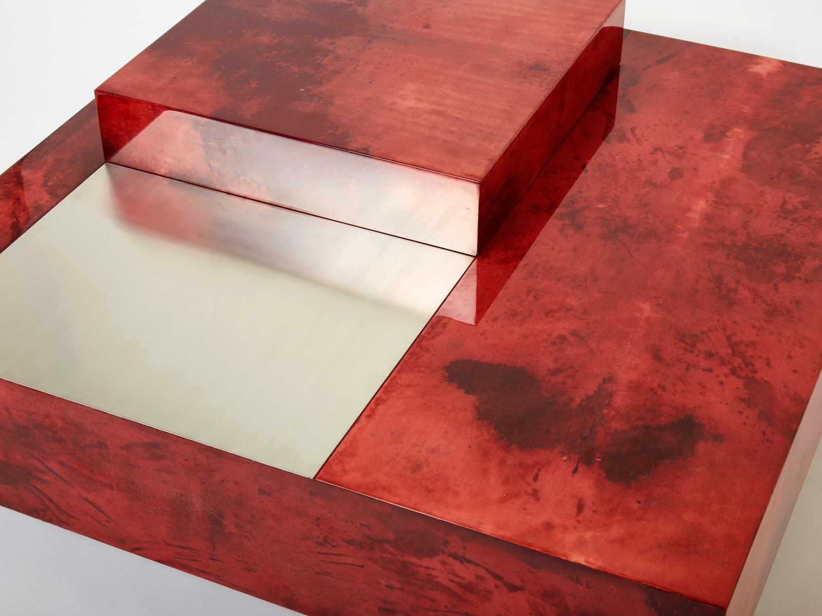 Table basse Aldo Tura en parchemin de chèvre rouge et acier, 1960 photo Mobilier