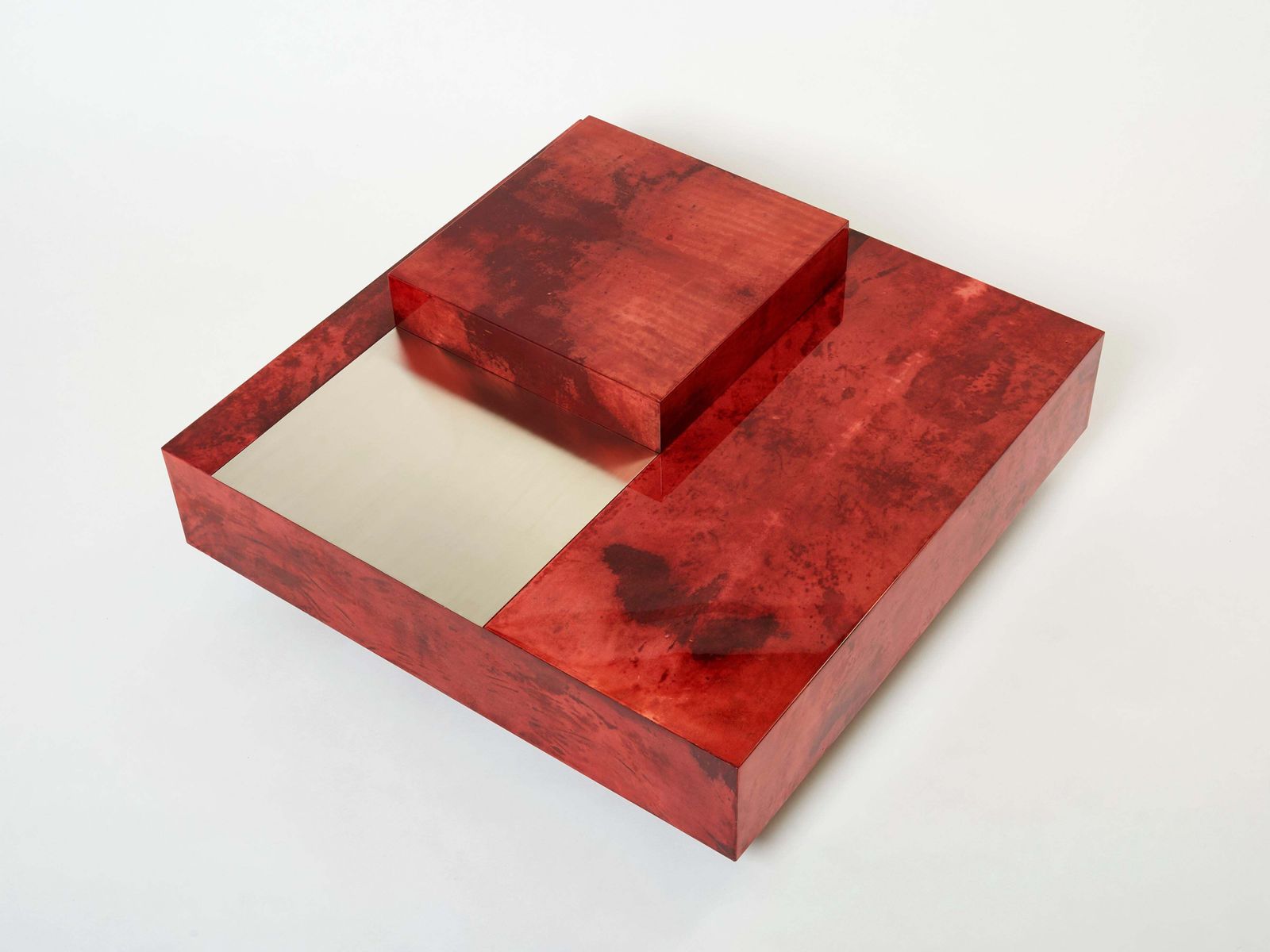 Table basse Aldo Tura en parchemin de chèvre rouge et acier, 1960 photo vinterior