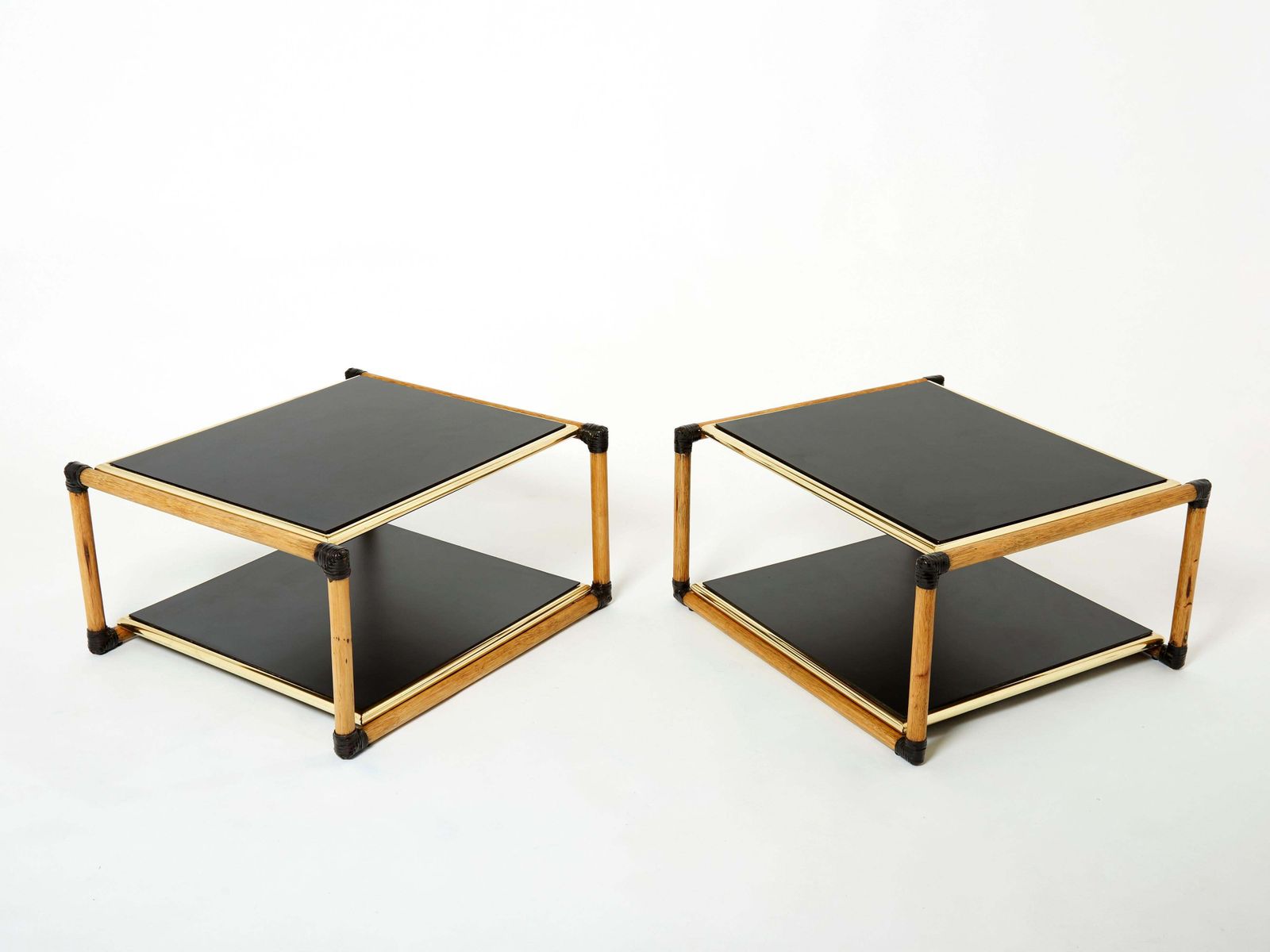 Tables d'appoint Alberto Smania en bambou, laiton et bois noir, Italie, années 1970 photo vintage