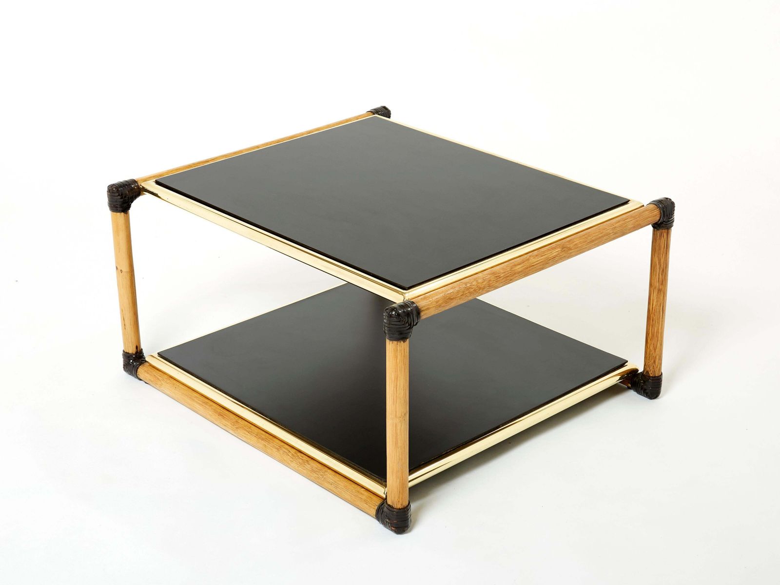 Furniture Pair Of Italian Alberto Smania Bamboo Brass Black Wood Side Tables 1970s photo