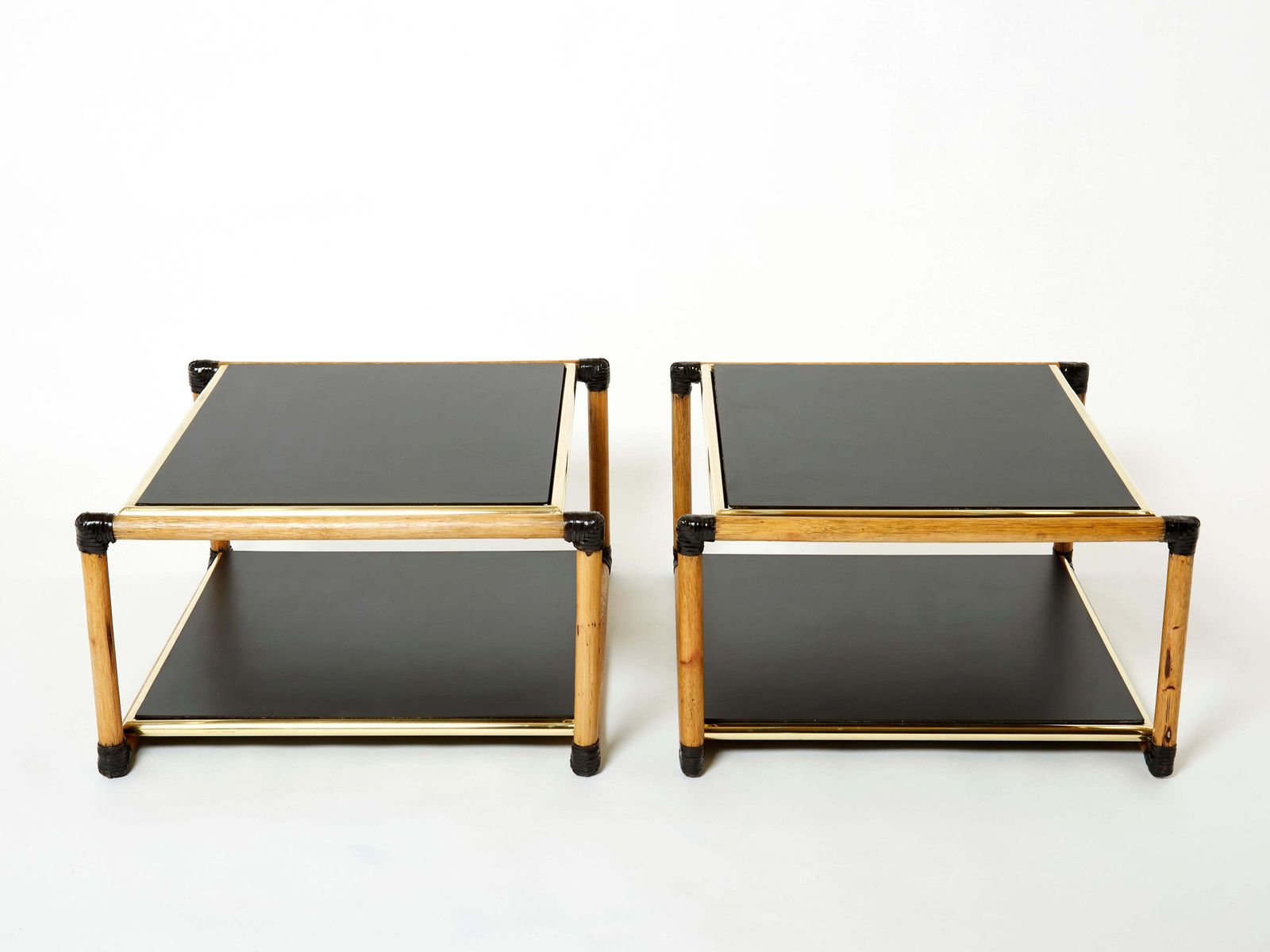 photo vinterior Tables d'appoint Alberto Smania en bambou, laiton et bois noir, Italie, années 1970