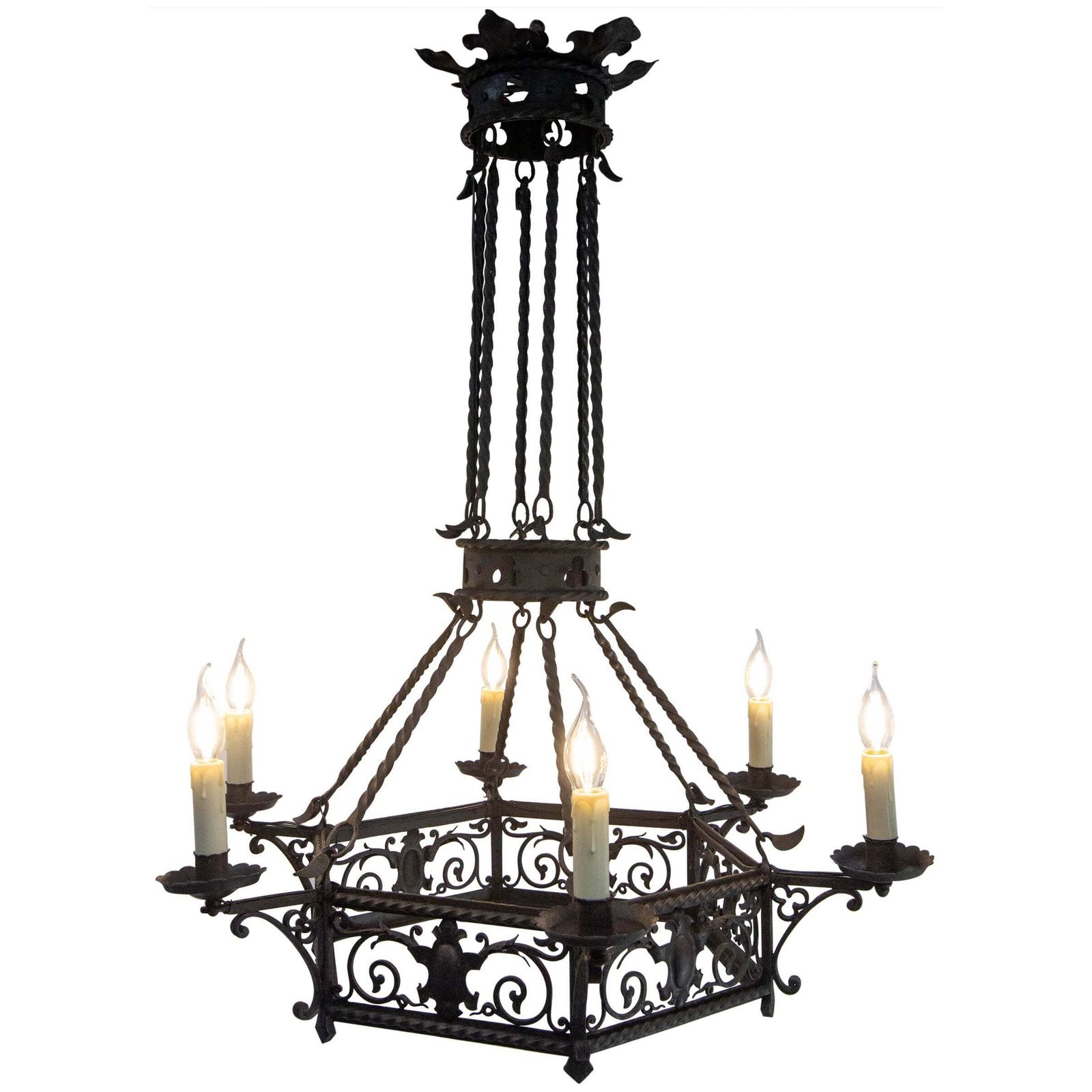 French Gloves & Crests Chandelier Ceiling Pendant Lustre Wrought Iron C 1900