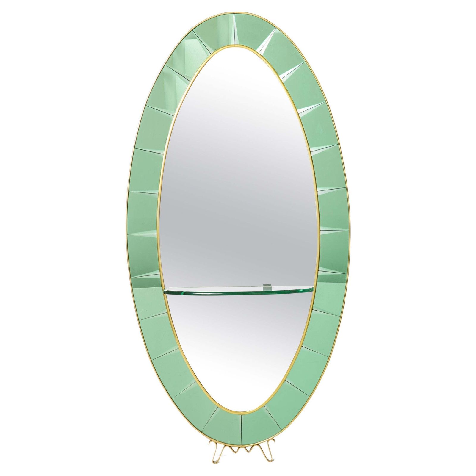 Cristal Arte Oval Shaped Italian Brass Green Crystal Mirror, 1950s
