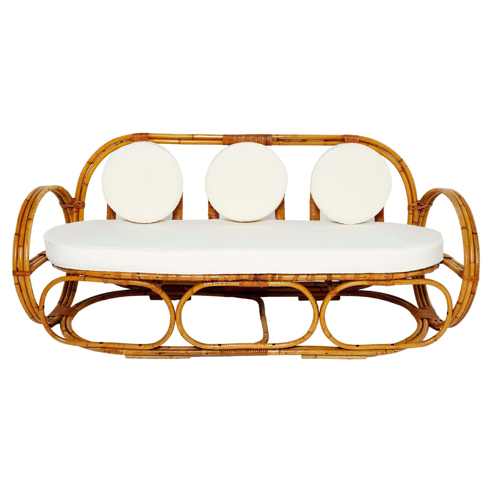 Italian Bamboo Sofa And Stool With French Bouclé Fabric Early 1960s