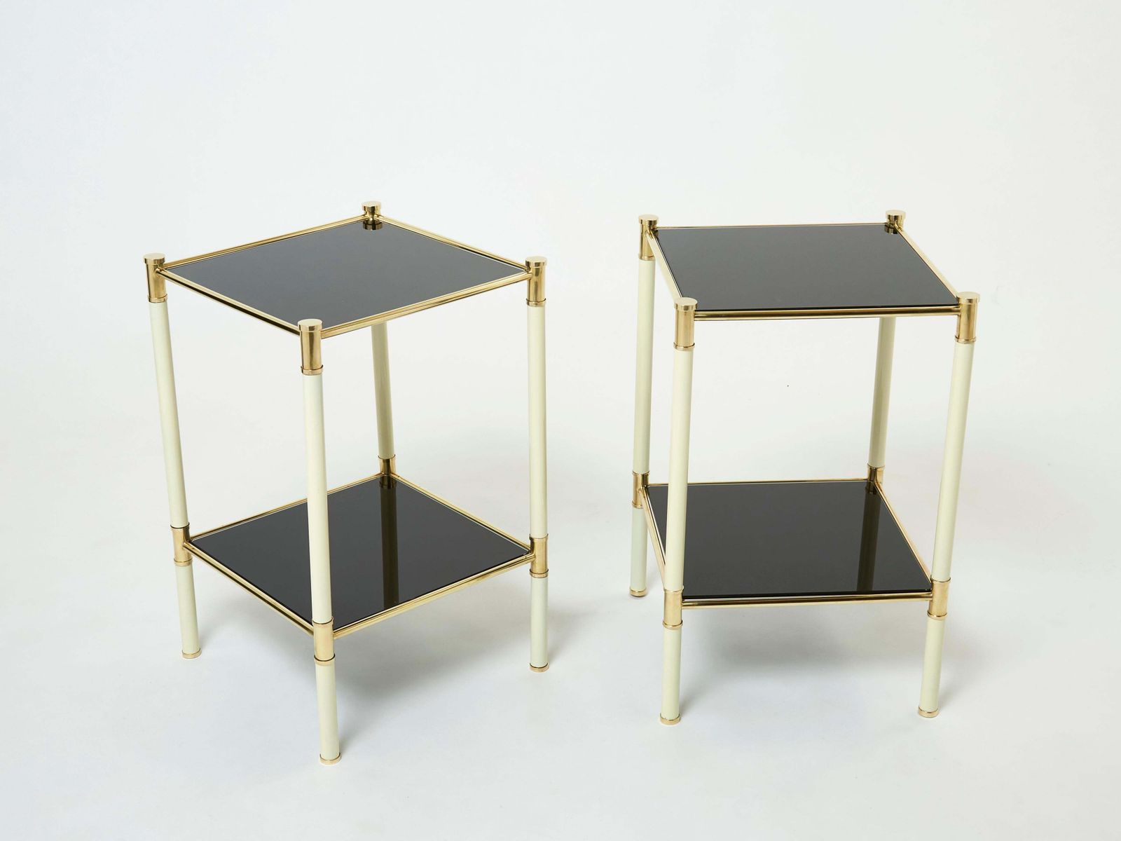 Italian Tommaso Barbi Two Tier Brass Off White Black End Tables, 1970s photo for sale