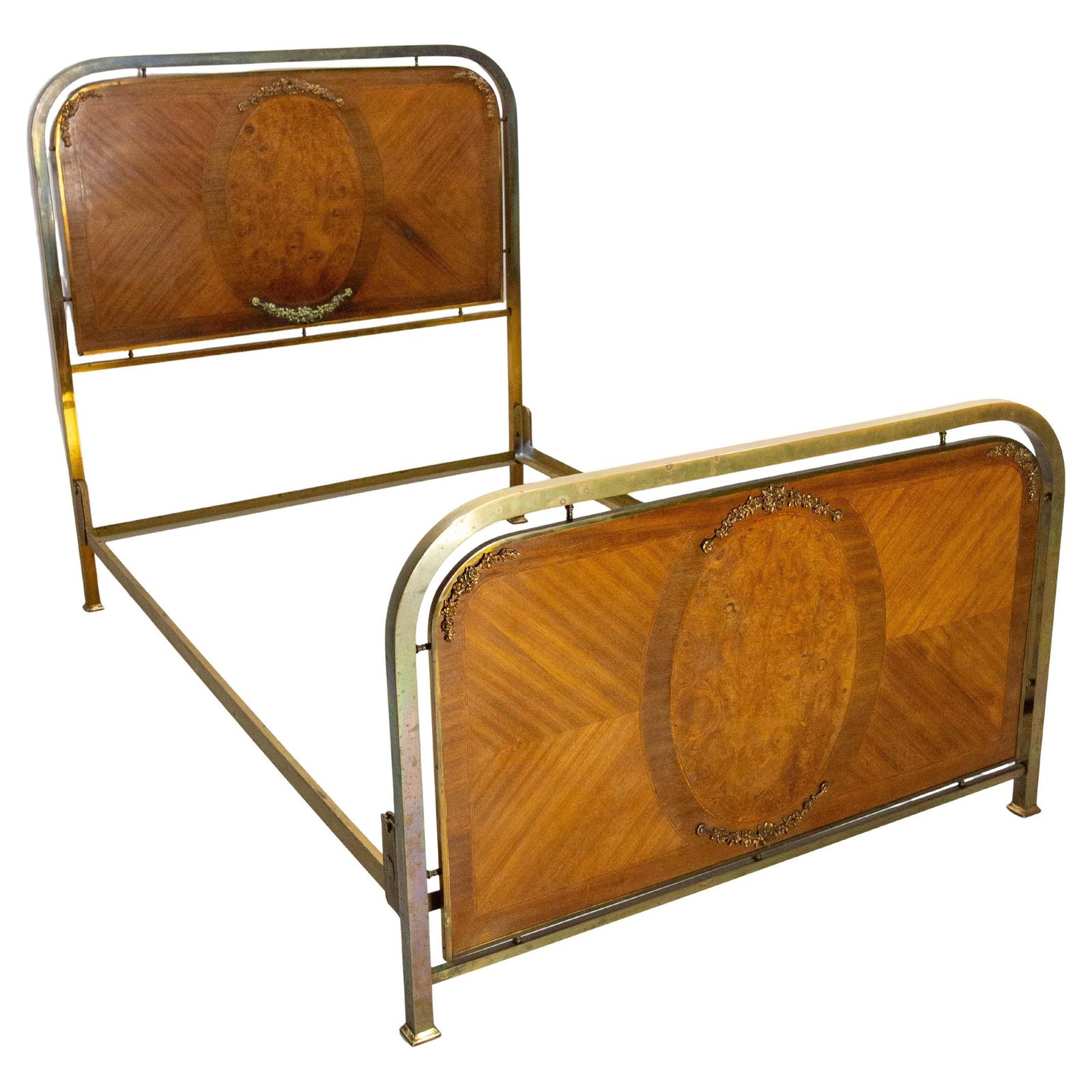 French Bed Classical Style Burl Walnut Copper & Brass Circa 1900