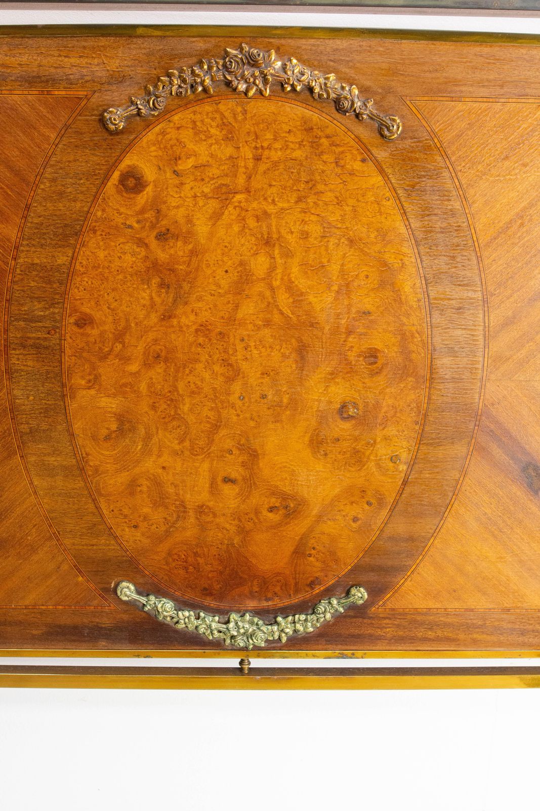 Furniture French Bed Classical Style Burl Walnut Copper & Brass Circa 1900 photo