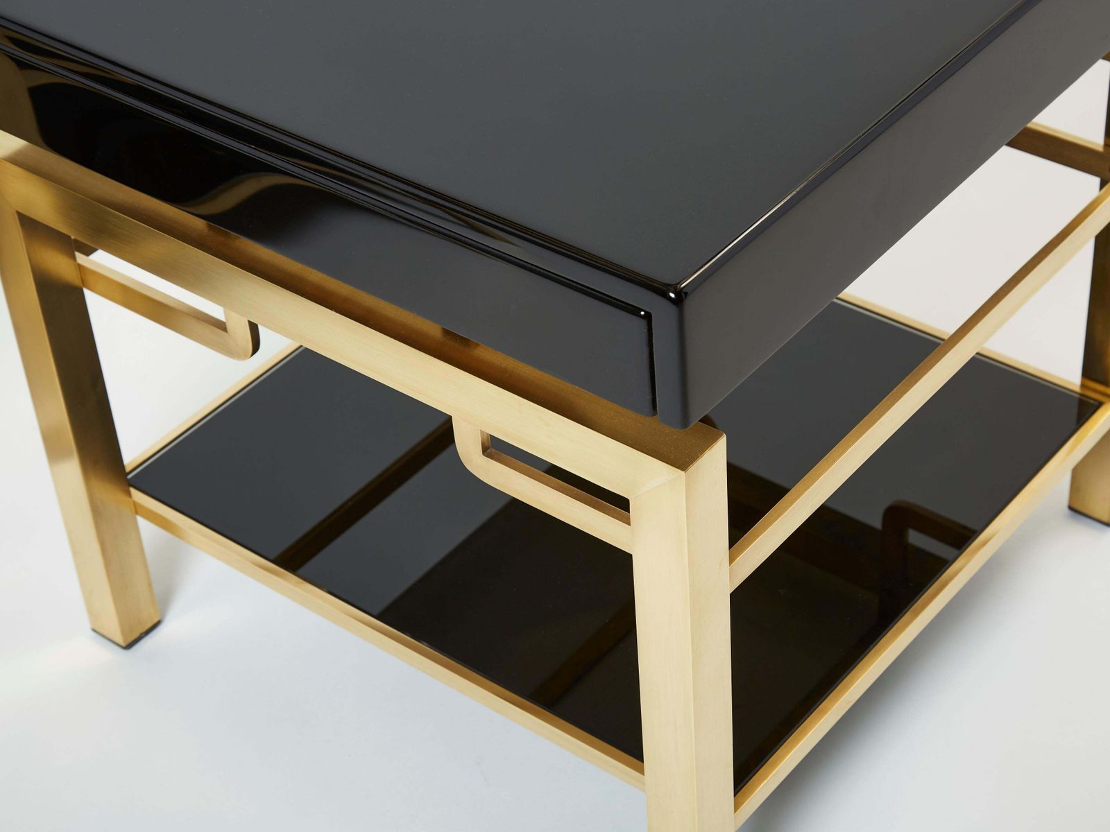 Black Lacquer Brass Two Tier End Tables Guy Lefevre For Maison Jansen, 1970s photo vinterior