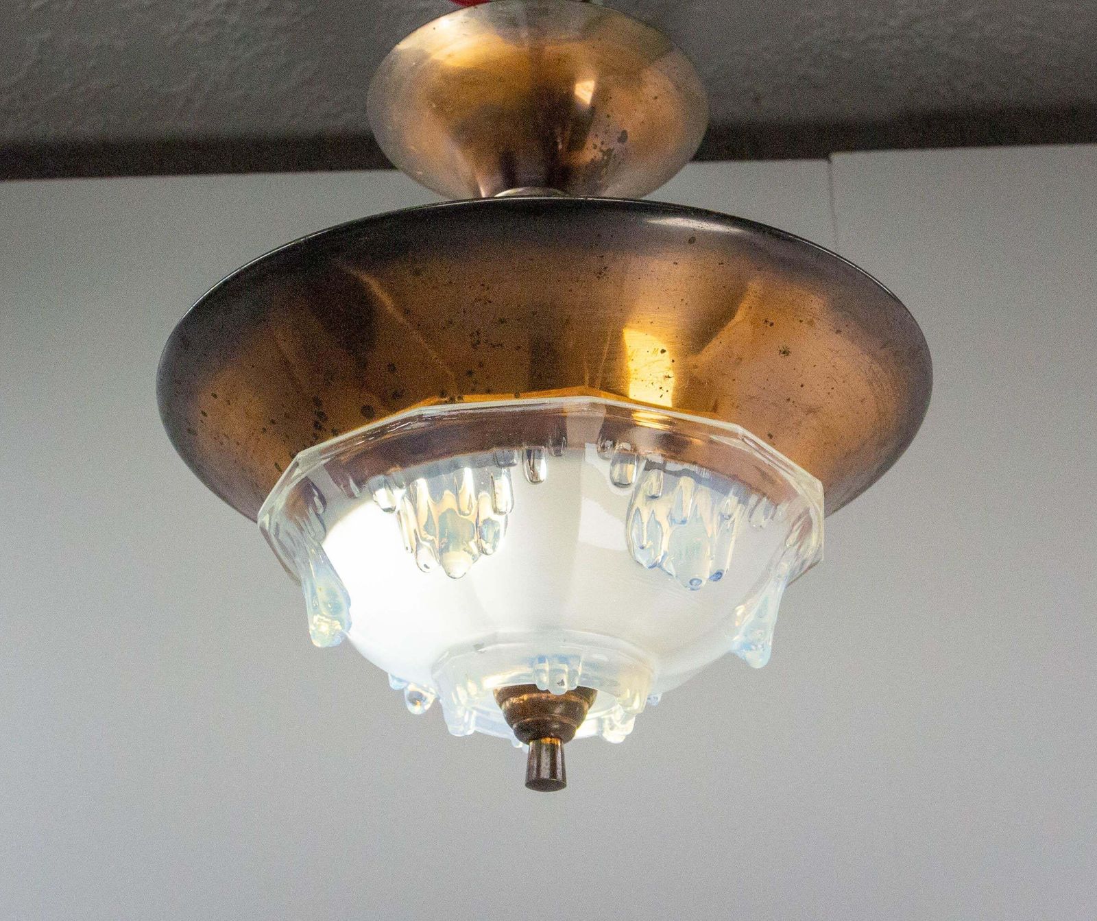 French Art Deco Chandelier Ezan Molded Glass & Copper Ceiling Pendant, C 1930 photo for sale