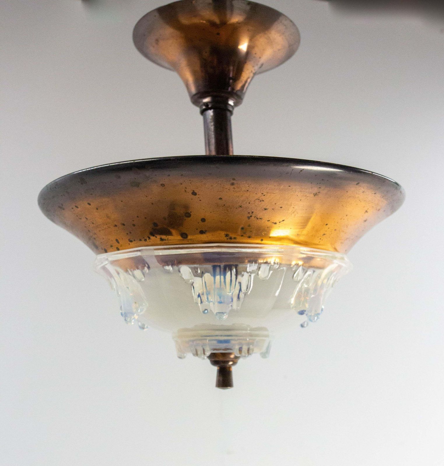 French Art Deco Chandelier Ezan Molded Glass & Copper Ceiling Pendant, C 1930 photo 850.0