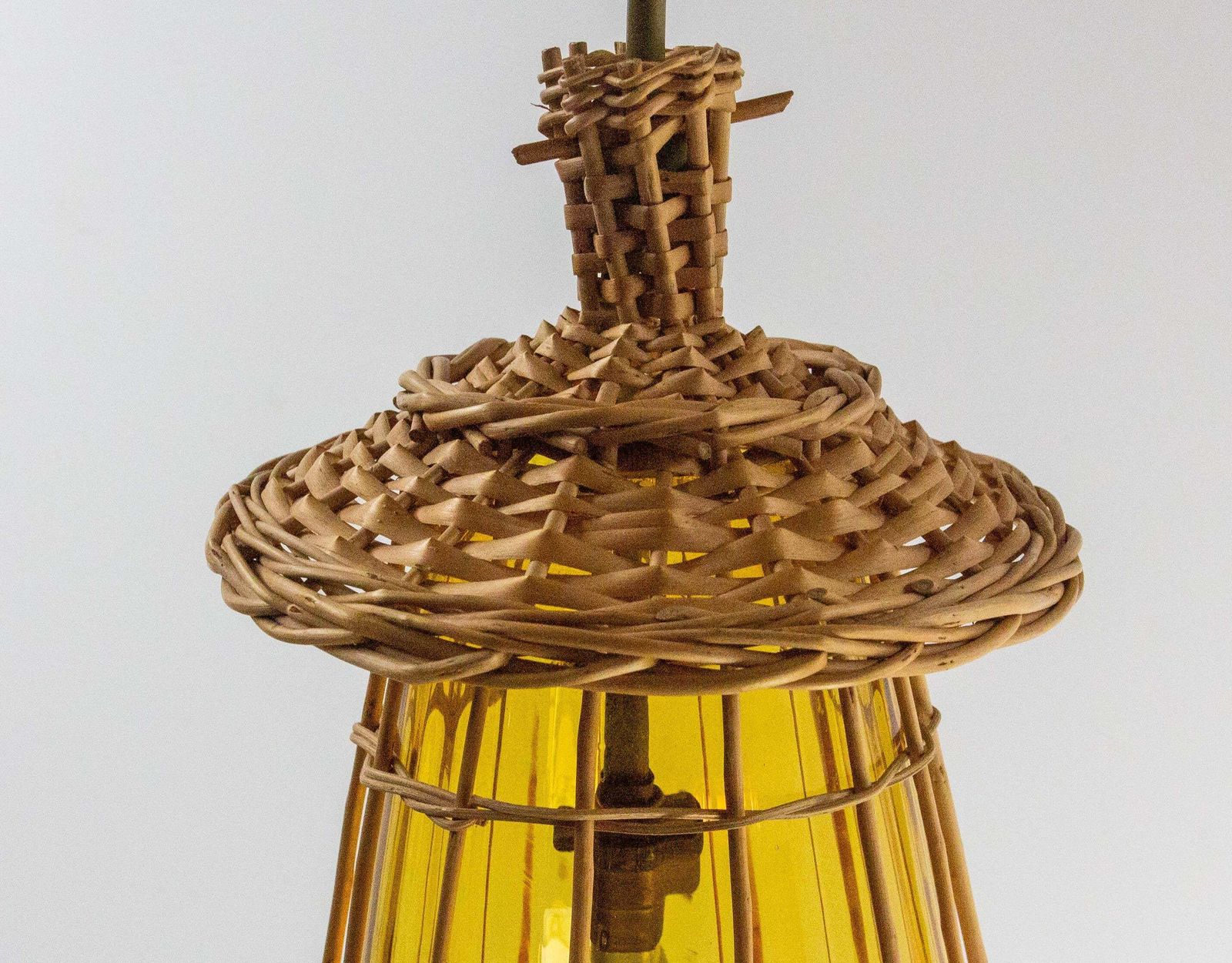 French Ceiling Pendant Yellow Glass & Wicker Chandelier, Lanterne Style, C 1970 photo Lighting