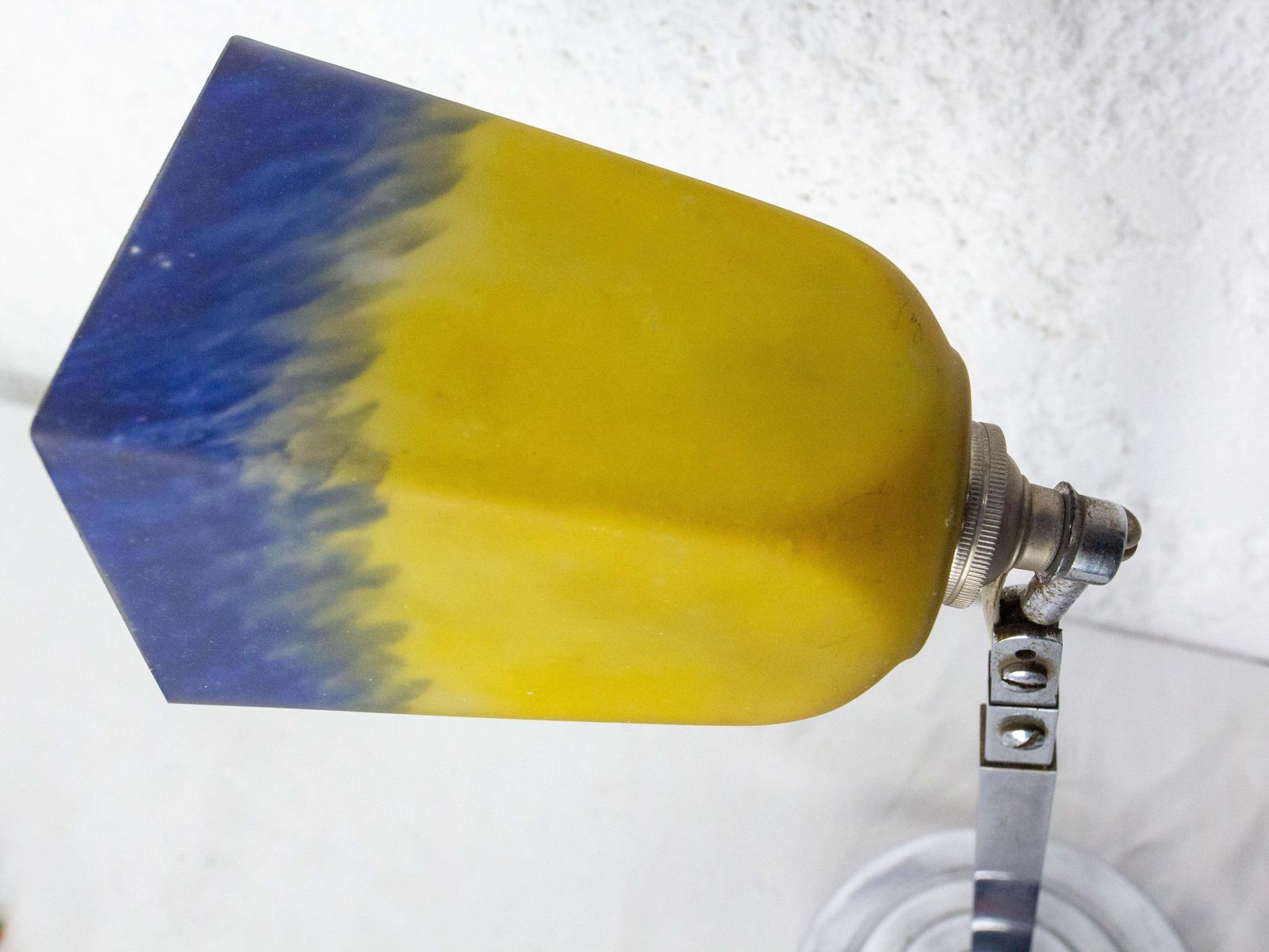 photo for sale Art Deco Chrome Blue & Yellow Painted Glass Table Lamp, French, Circa 1930