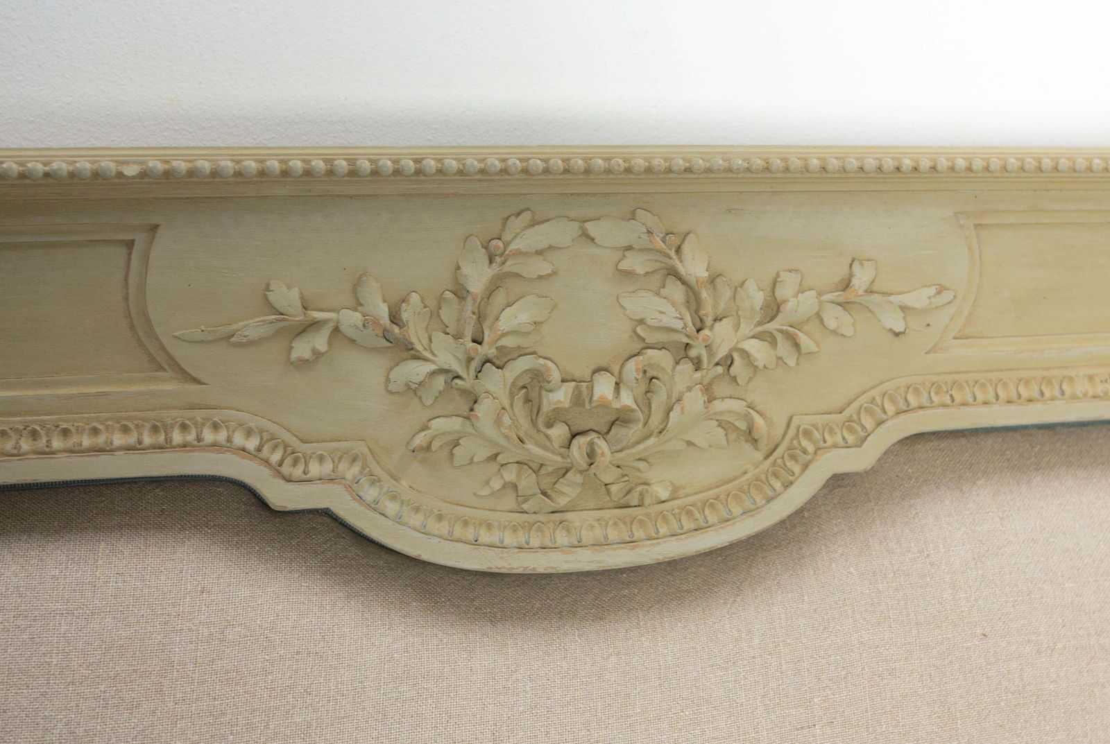 French Louis XVI Style Linen Head Board Made From A  Early 20th Century Wood Bed photo vinterior