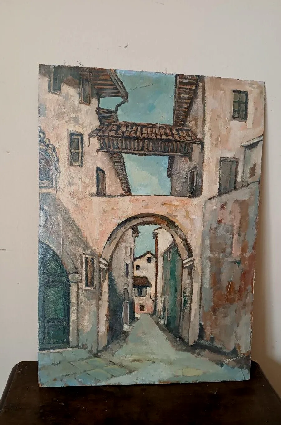 Painting View Of The Village Oil On Cardboard 1950s