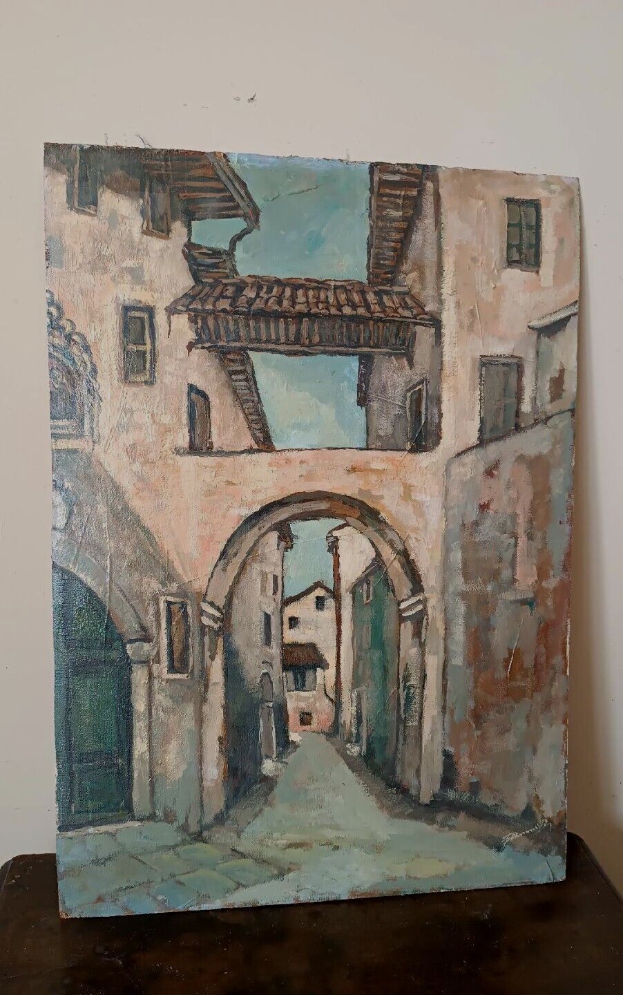 Painting View Of The Village Oil On Cardboard 1950s photo furniture