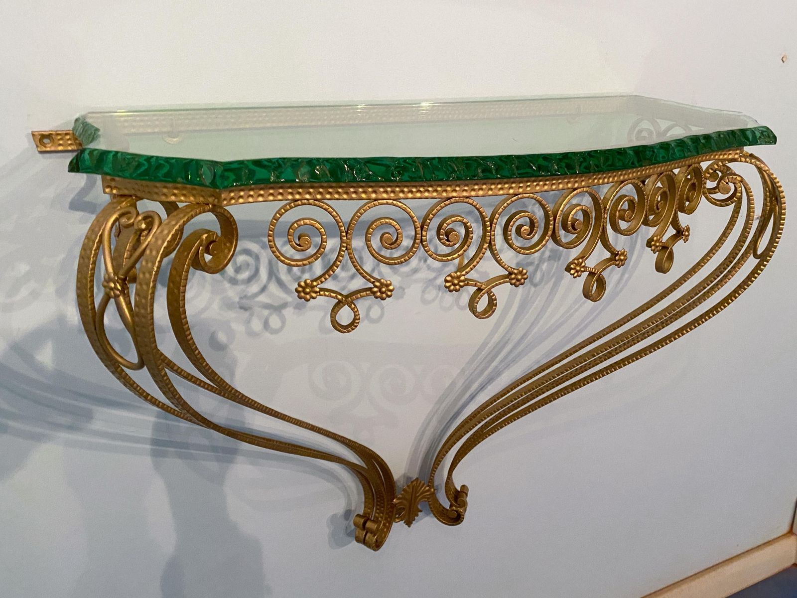 Italian Midcentury Green Crystal Gold Iron Console Table By Pier Luigi Colli photo furniture