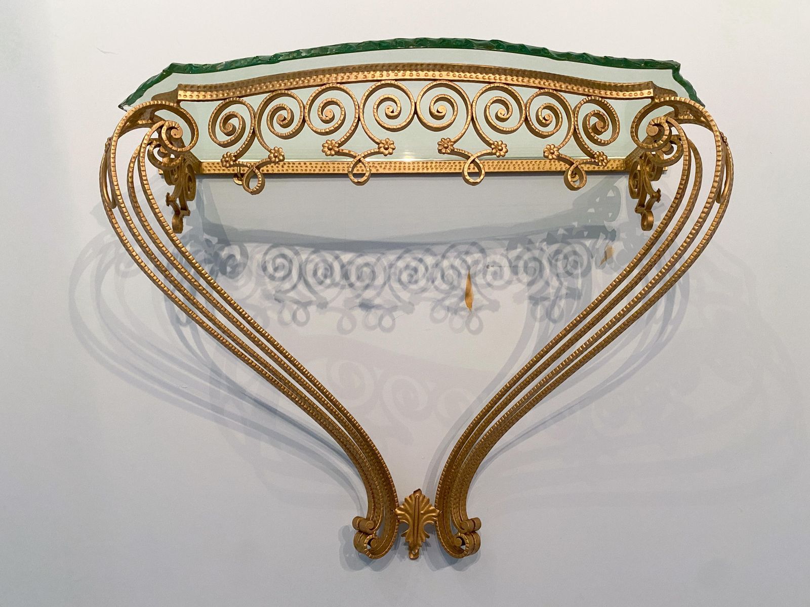 Italian Midcentury Green Crystal Gold Iron Console Table By Pier Luigi Colli photo vintage