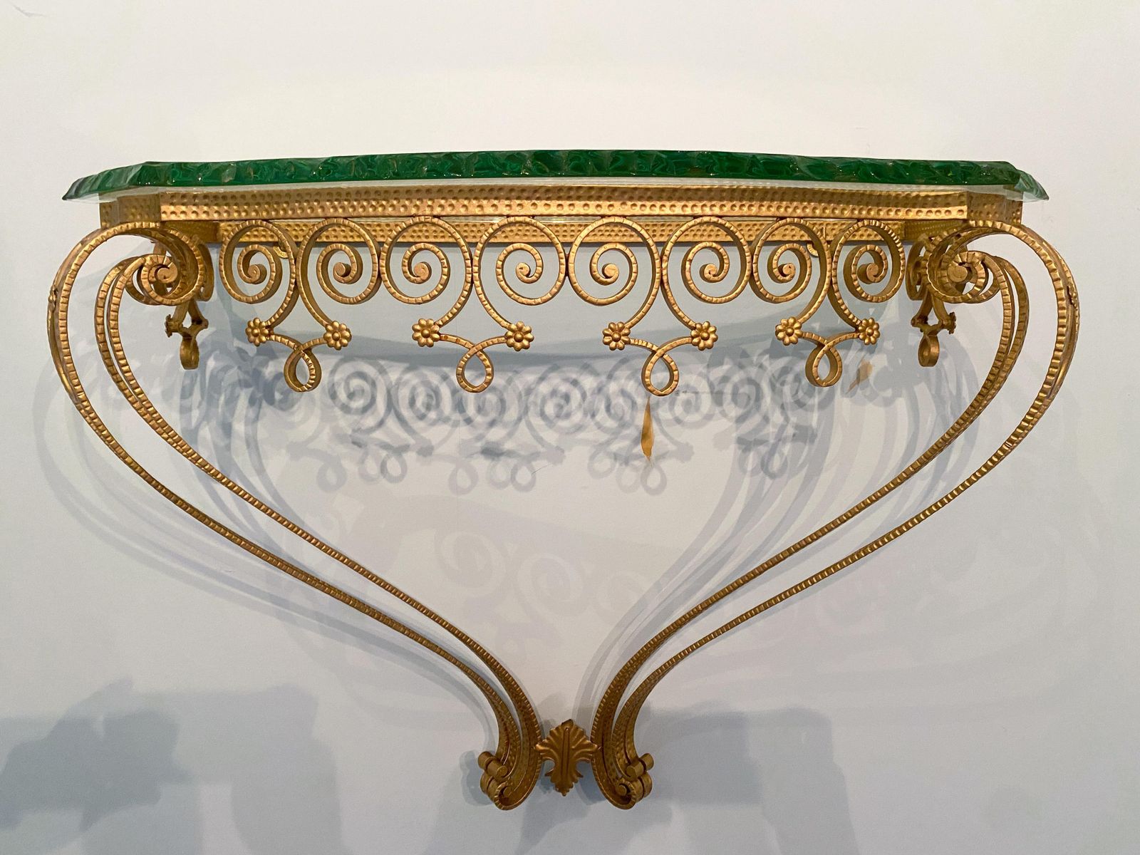 photo furniture Italian Midcentury Green Crystal Gold Iron Console Table By Pier Luigi Colli