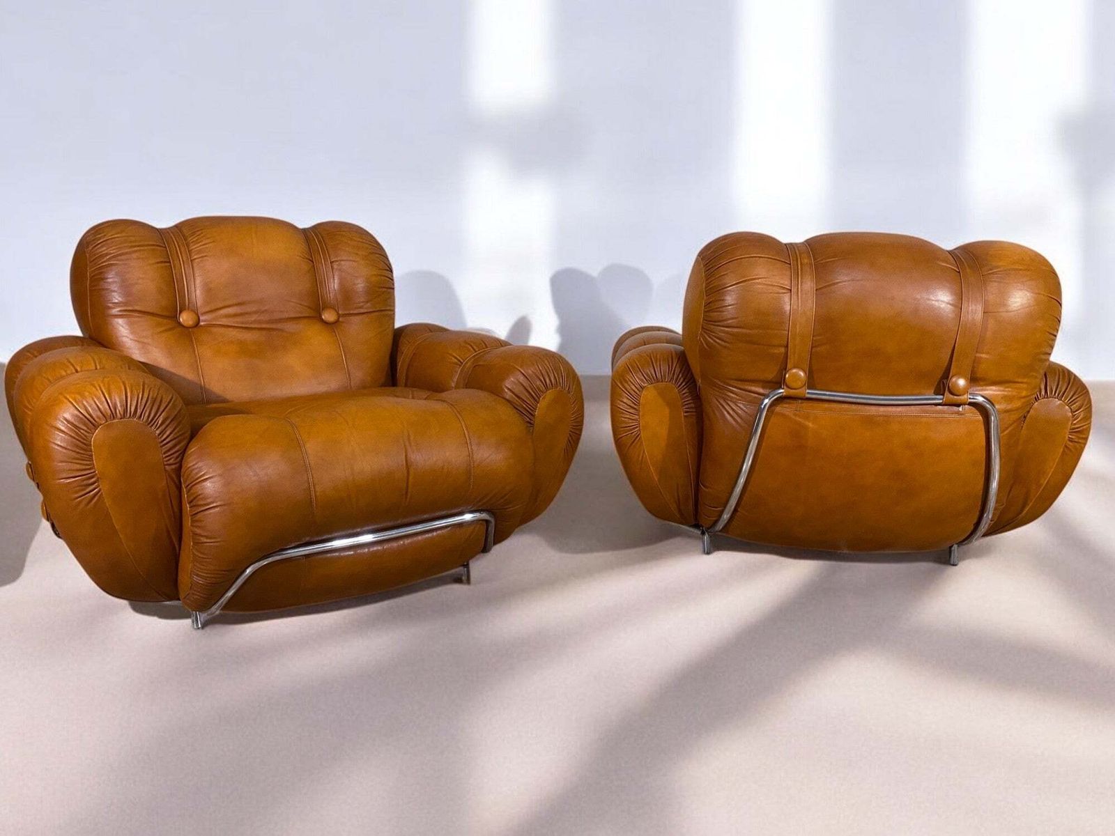 Italian Mid Century Natural Leather Space Age Armchairs, 1970s