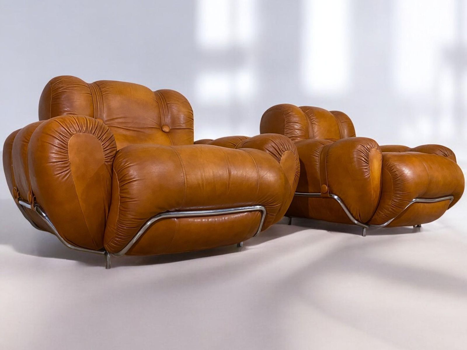 Italian Mid Century Natural Leather Space Age Armchairs, 1970s photo buy