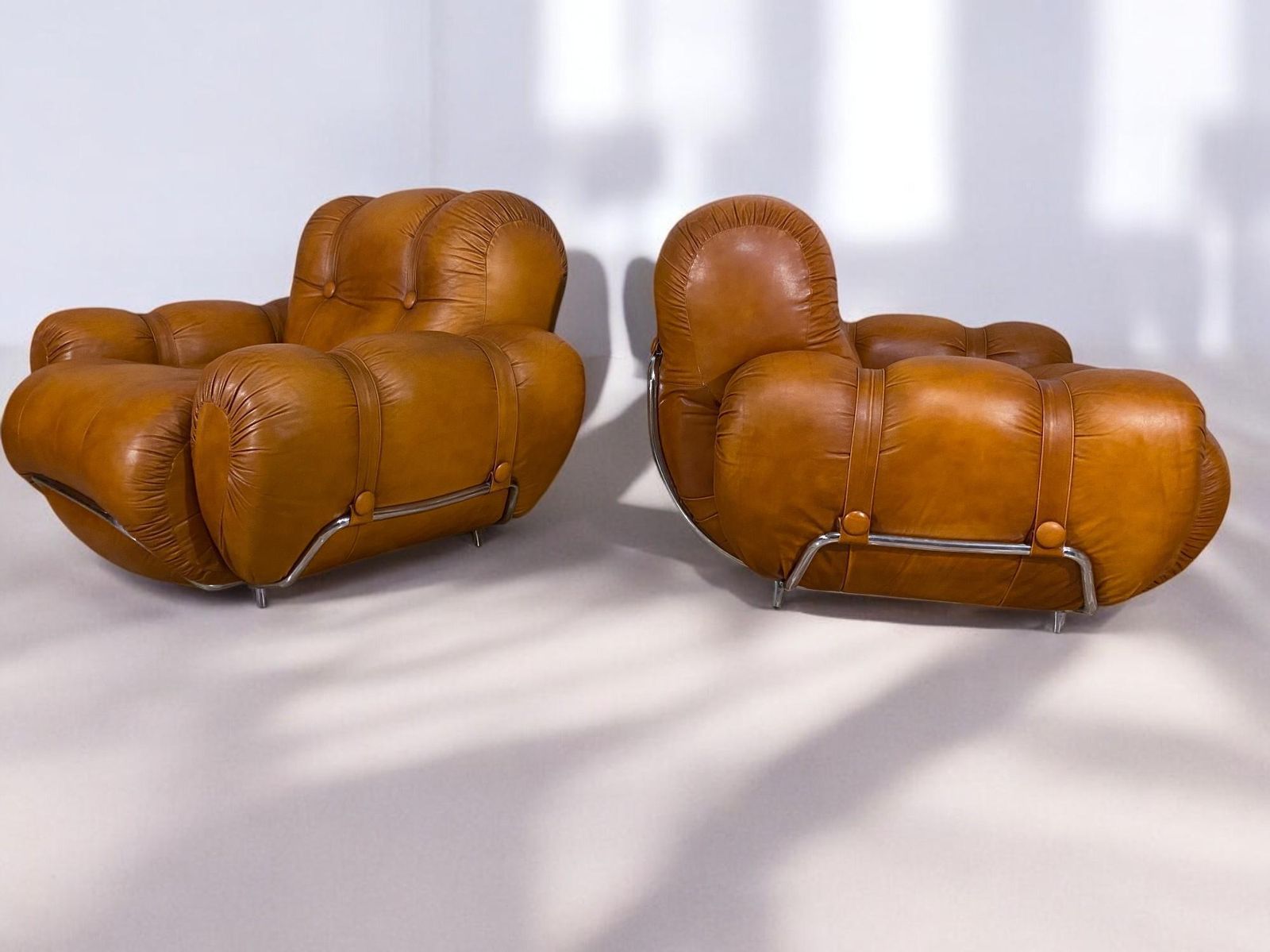 photo for sale Italian Mid Century Natural Leather Space Age Armchairs, 1970s