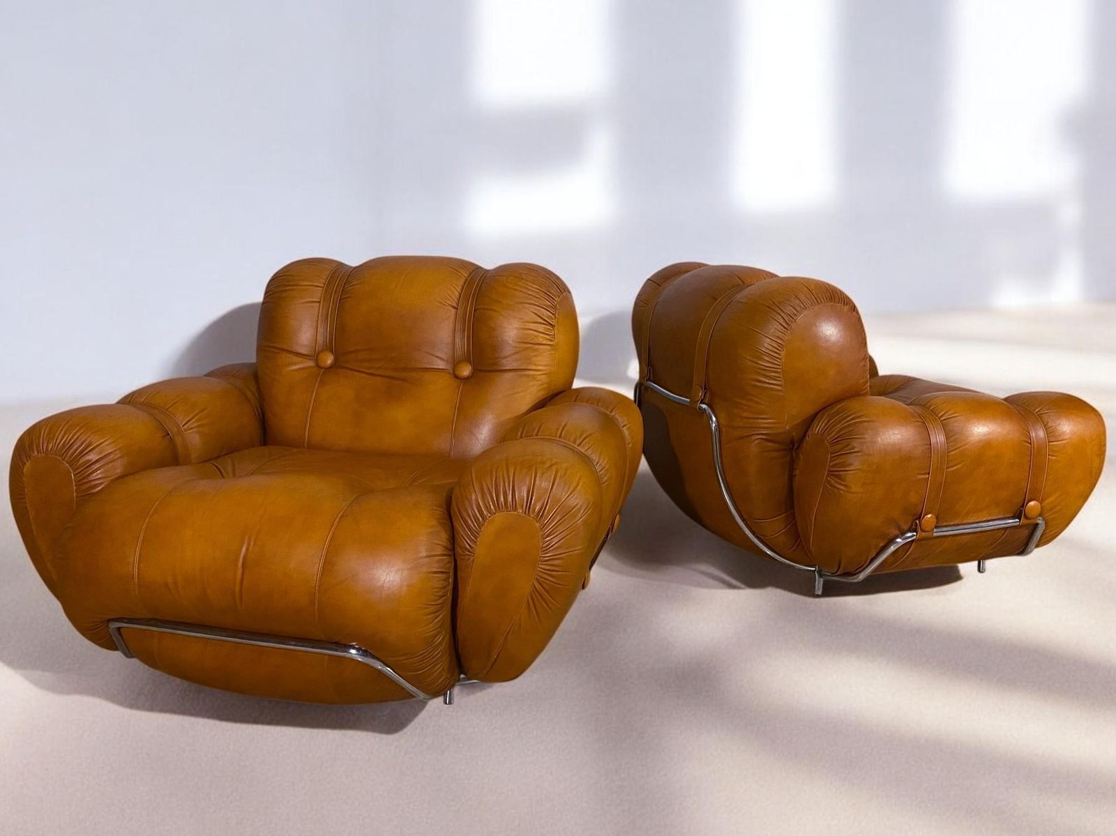 Furniture Italian Mid Century Natural Leather Space Age Armchairs, 1970s photo
