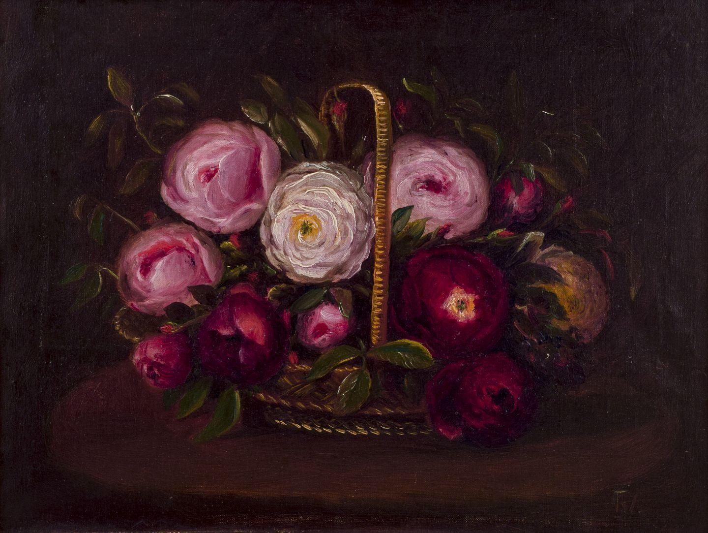 Danish Painter. Oil On Canvas. Still Life With Roses In A Basket.. Late 19th C. photo for sale