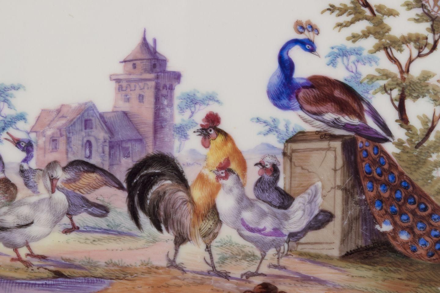 Antique Meissen Tray Made Of Porcelain, With A Motif Of Birds In A Park. photo vinterior