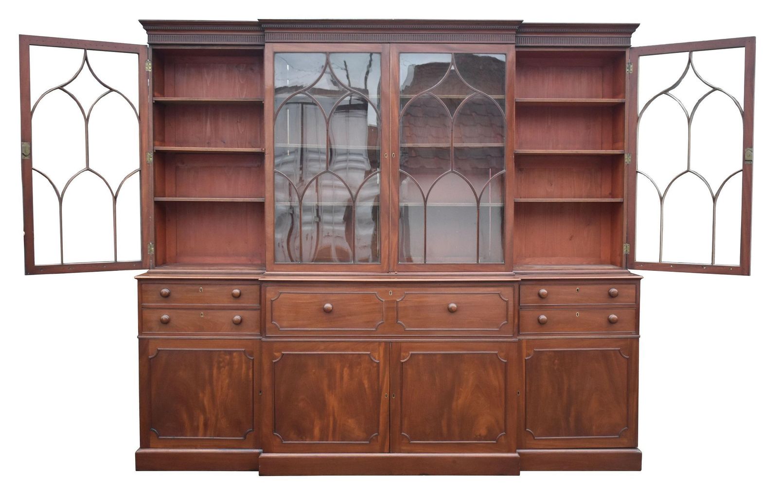 photo vintage English George III Mahogany Secretaire Breakfront Bookcase
