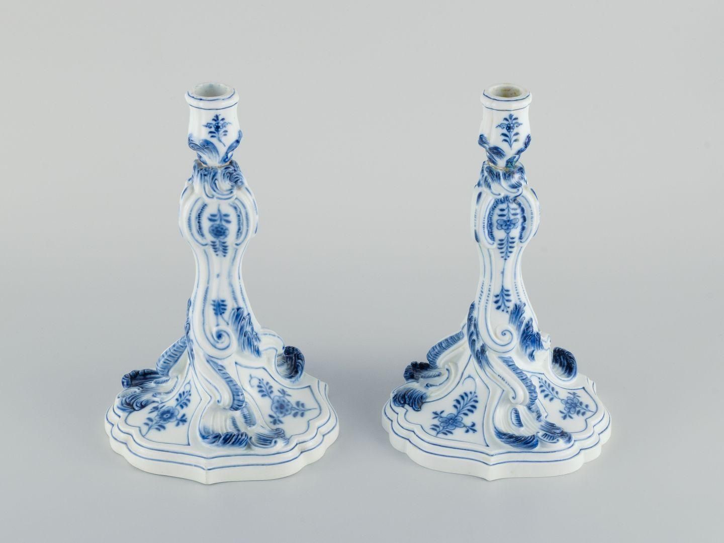 Meissen, Germany. Pair Of Large Antique Blue Onion Pattern Candlesticks. 19th C. photo furniture