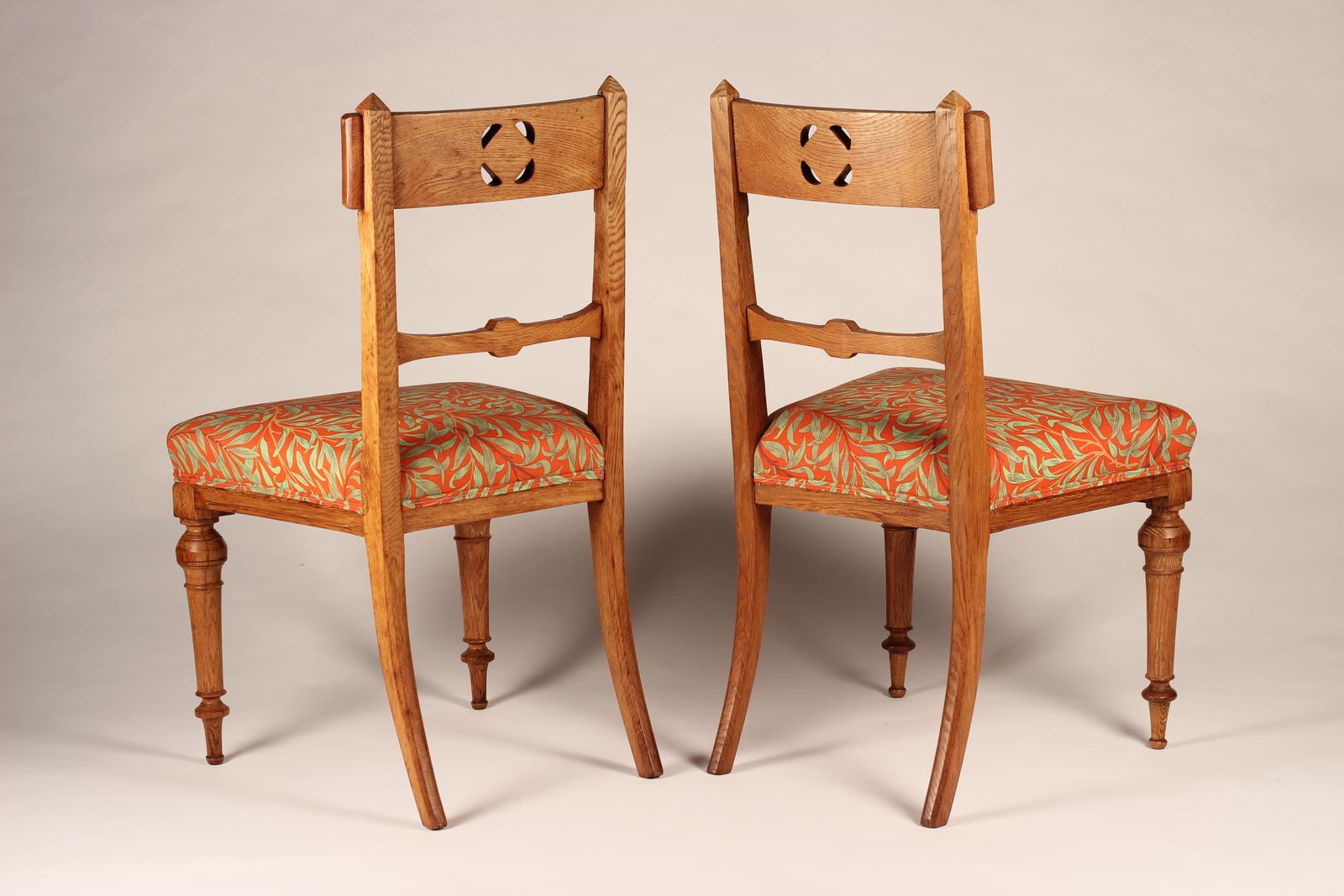 Pair Of Arts & Crafts Oak Back Pierced Hall Chairs With Fabric By Morris & Co photo vinterior