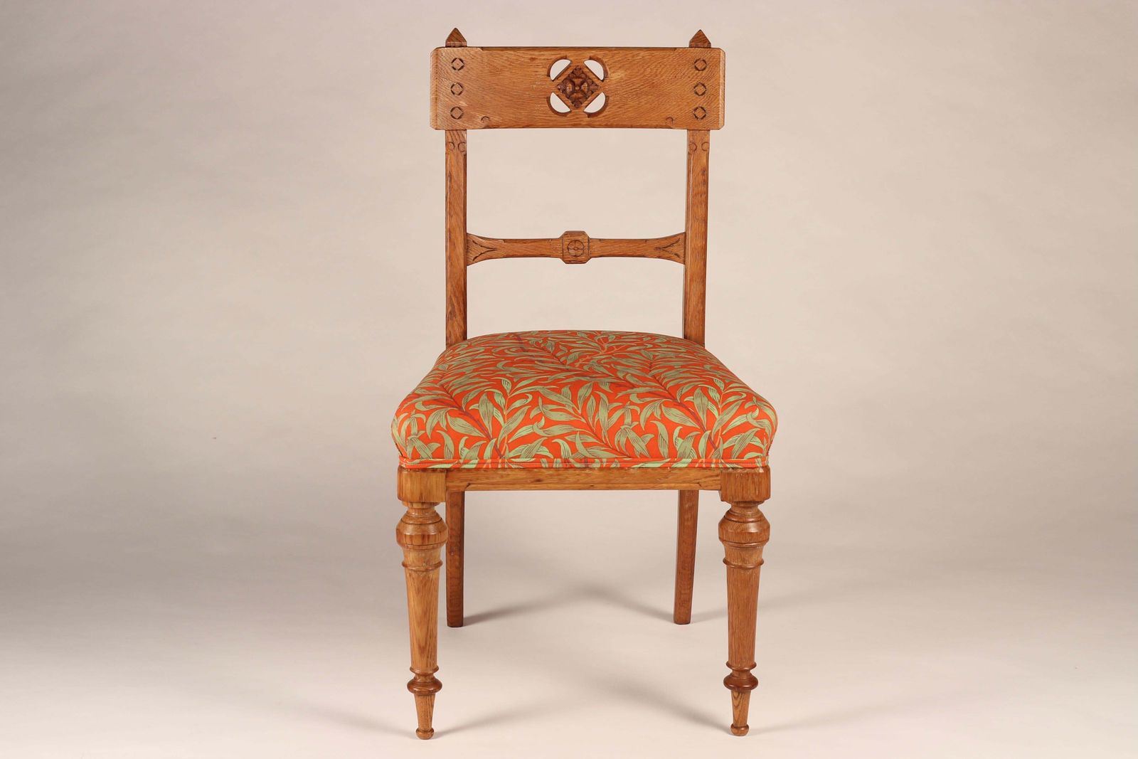 Pair Of Arts & Crafts Oak Back Pierced Hall Chairs With Fabric By Morris & Co photo vintage