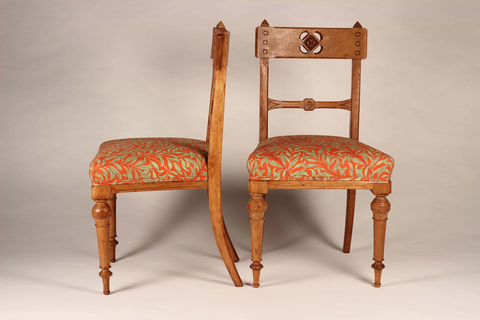 photo furniture Pair Of Arts & Crafts Oak Back Pierced Hall Chairs With Fabric By Morris & Co
