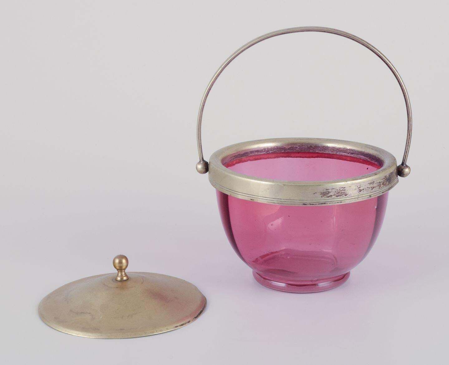Danish Bonbonniere In Purple Art Glass With A Lid In Silver Plated Metal. photo furniture