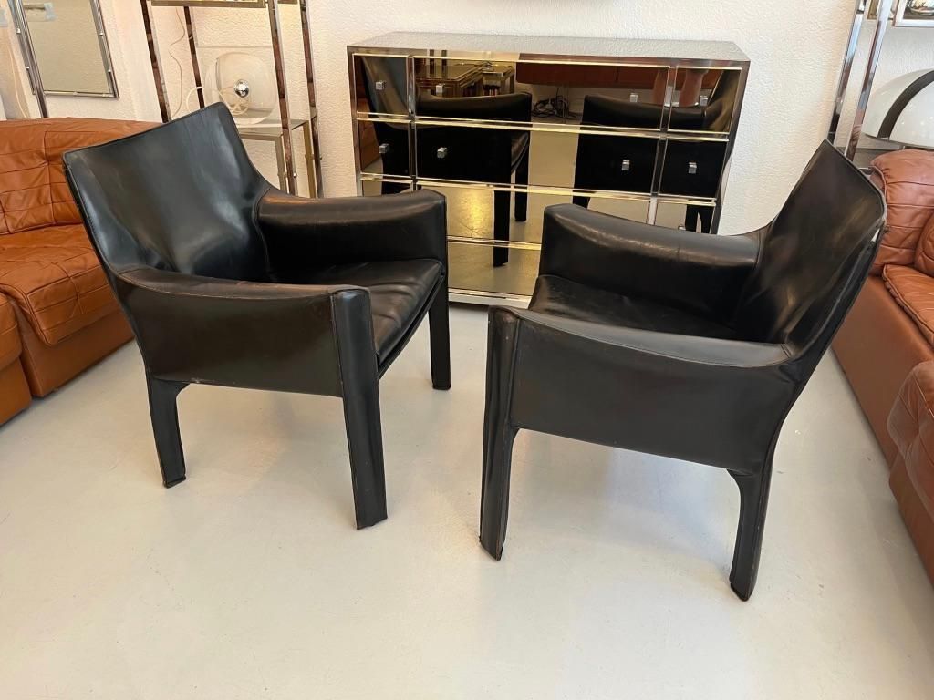 Pair Of Black Leather Cab 414 Lounge Chairs By Mario Bellini, Cassina, Ca. 1970s photo for sale