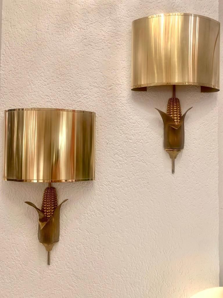 Signed Maison Charles Pair Of Bronze & Brass "Corn" Wall Lamps, France, 1970s photo furniture